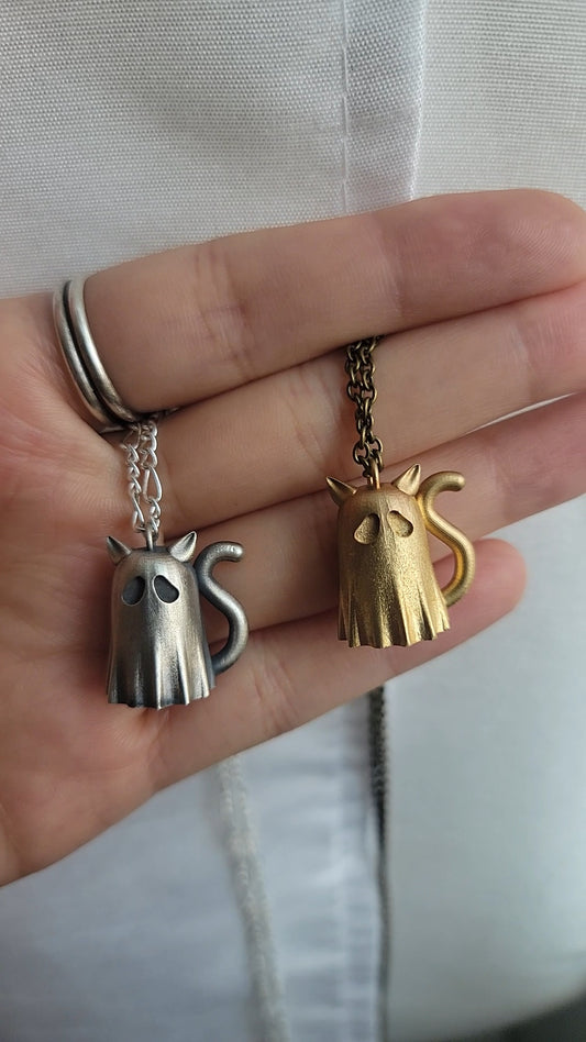 Solid cast sheet ghost kitty necklace