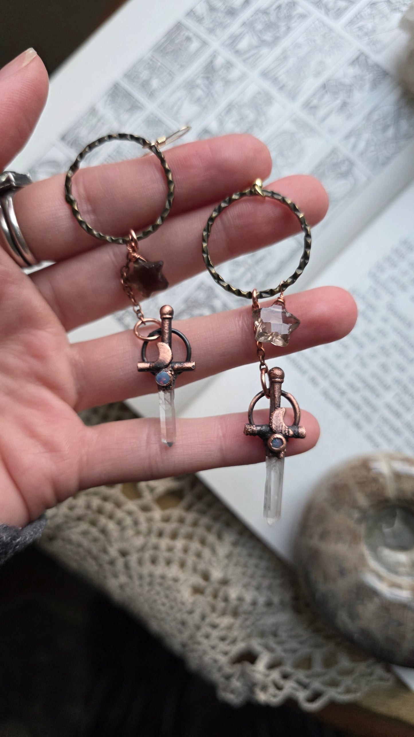 Quartz sword earrings with Australian opal and smokey quartz star dangle earrings