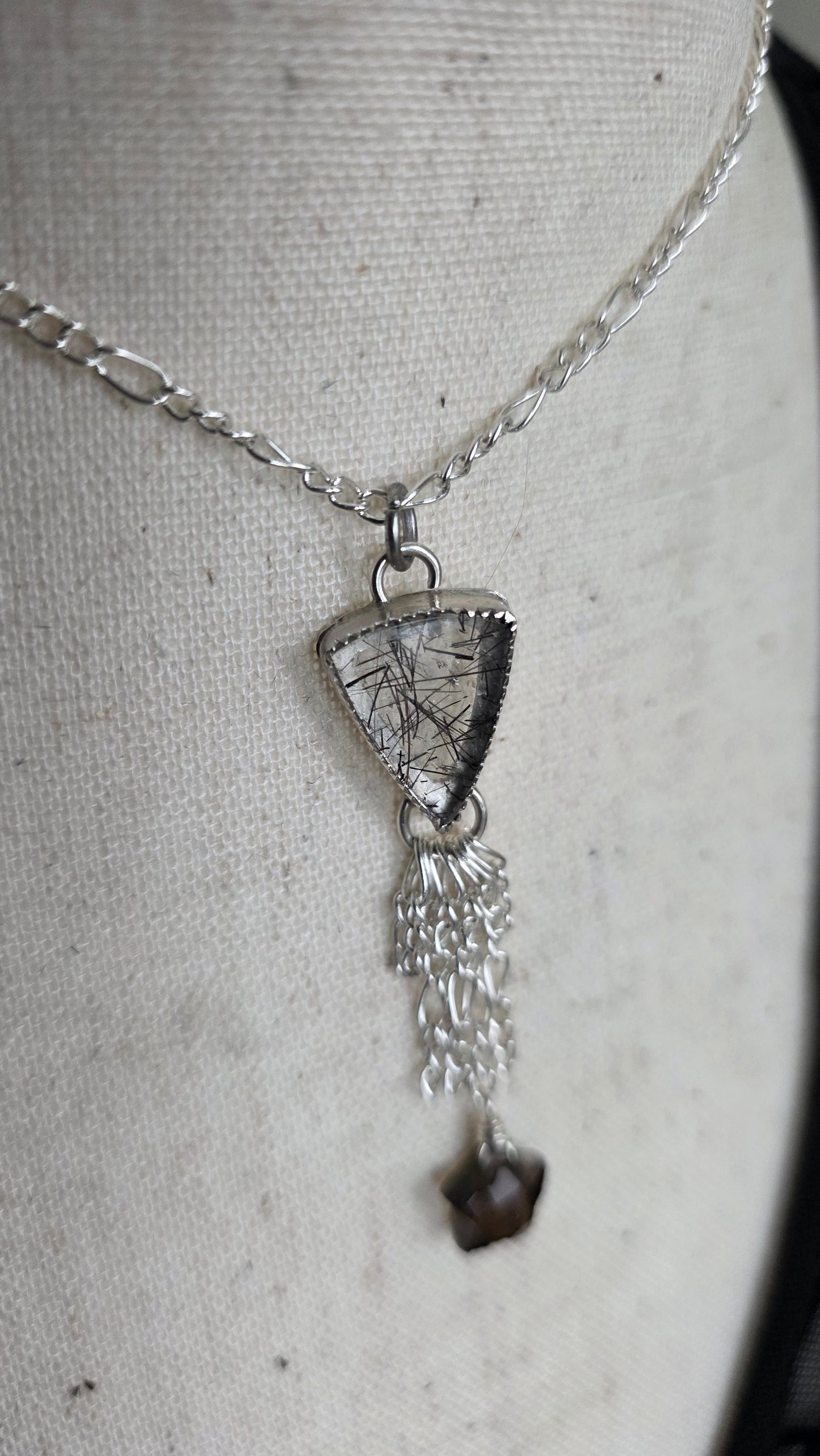 Sterling Silver Tourmalinated Quartz Chandelier Necklace with Smokey Quartz Star