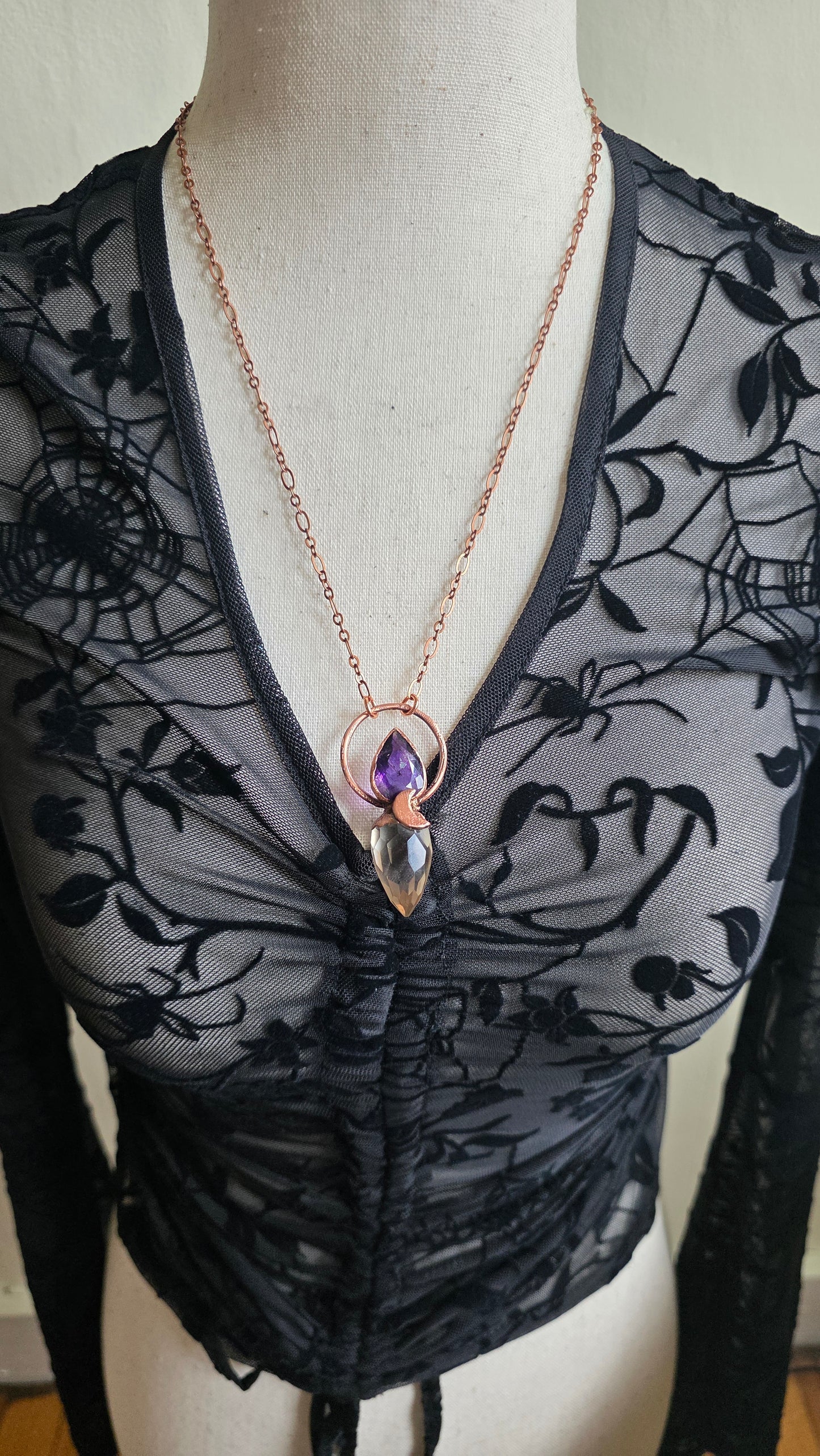 Citrine with Smokey Amethyst Copper Pendulum Necklace