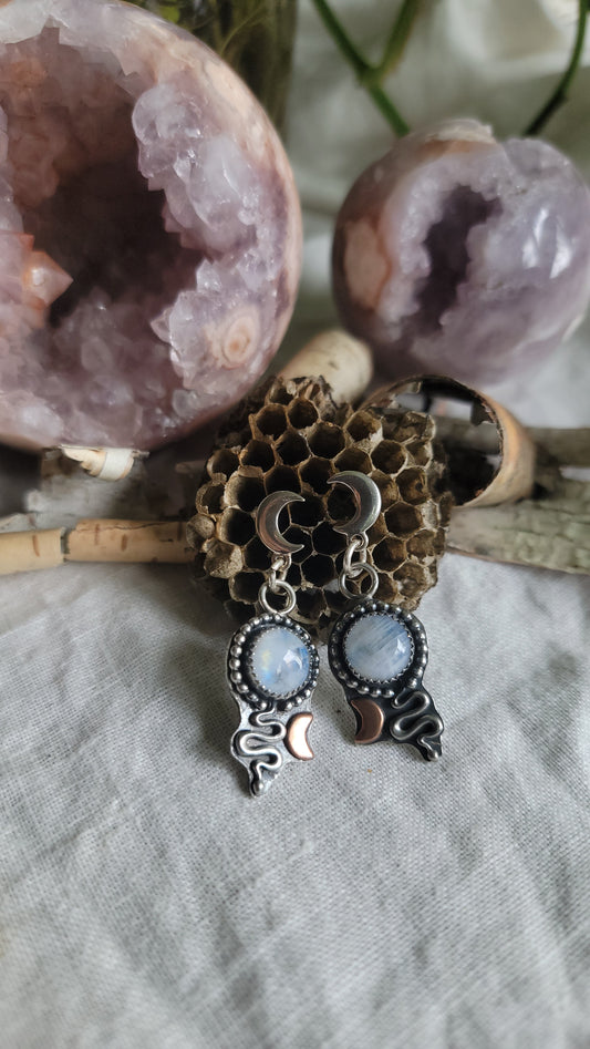 Sterling silver Crescent moon and snake moonstone earrings