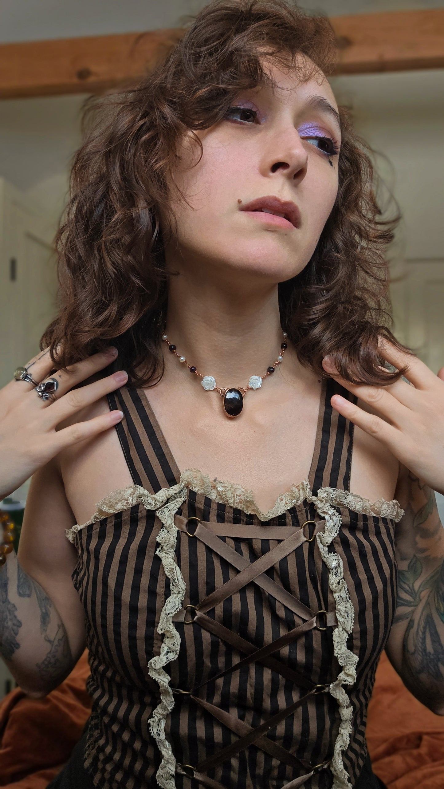 Garnet Copper Choker with Mother of Pearl and Pearl