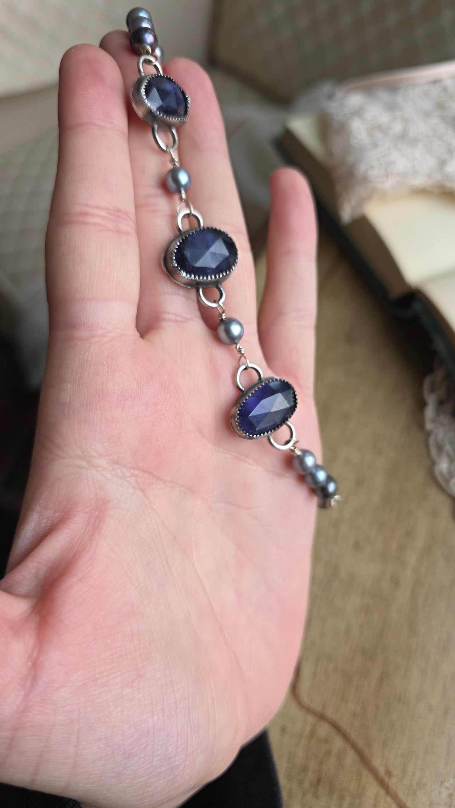 Sterling silver Blue Kyanite and Fresh Water Pearl Choker