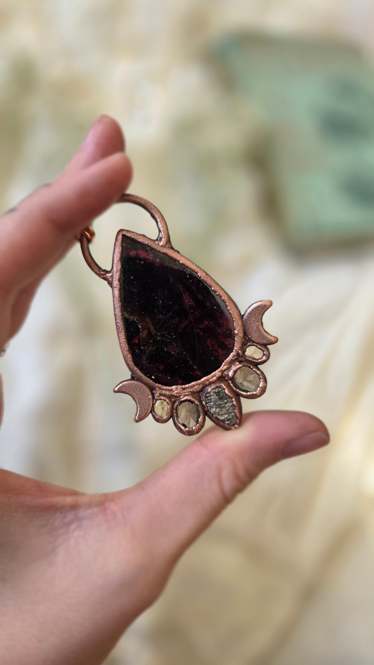Gemmy Garnet with Tourmalinated Quartz, Smokey Quartz, and Citrine Copper Pendant