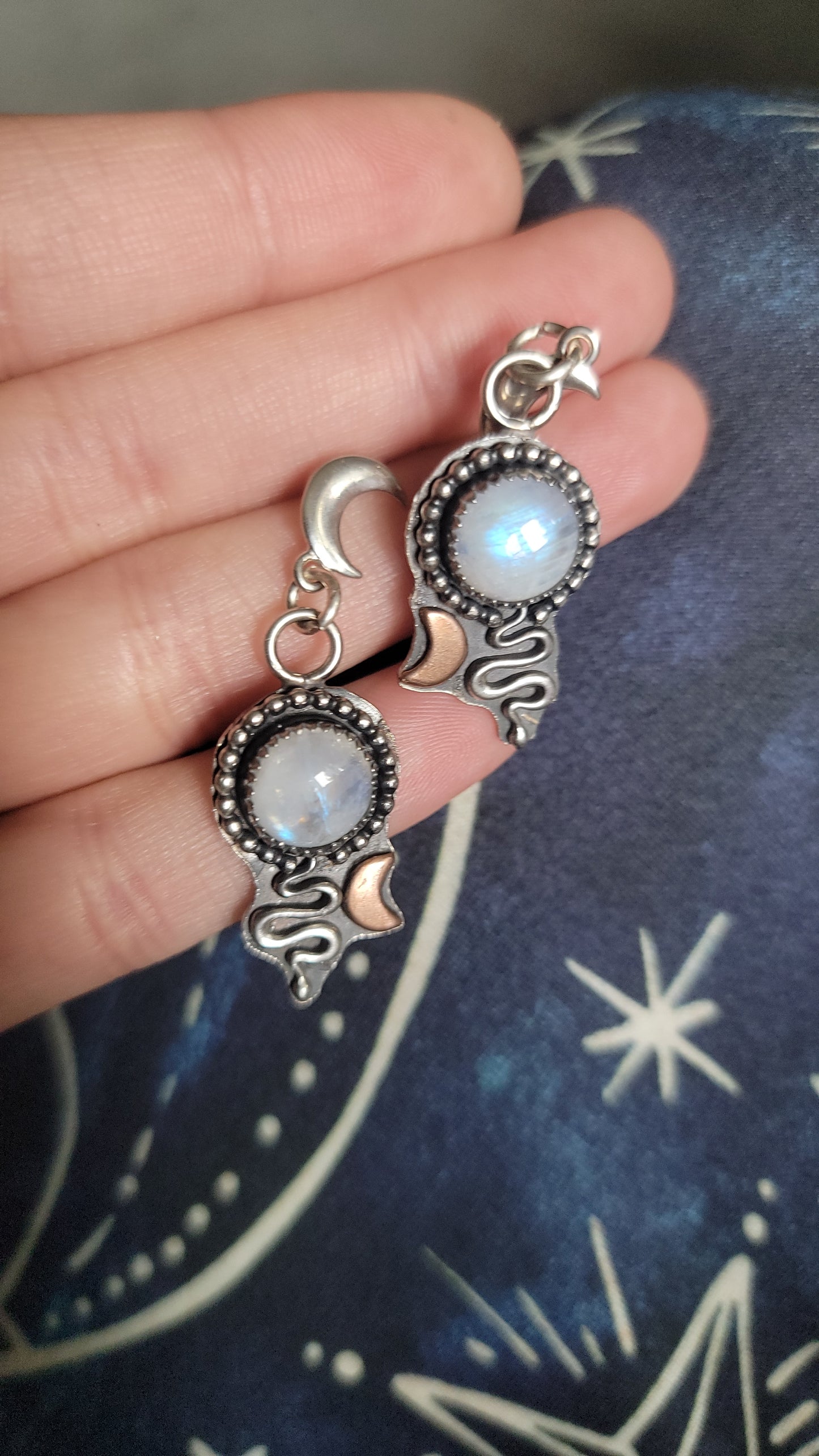 Sterling silver Crescent moon and snake moonstone earrings