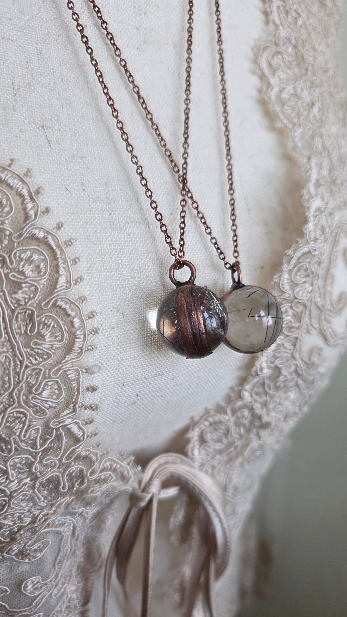 Tourmalinated Quartz Sphere Copper Pendant