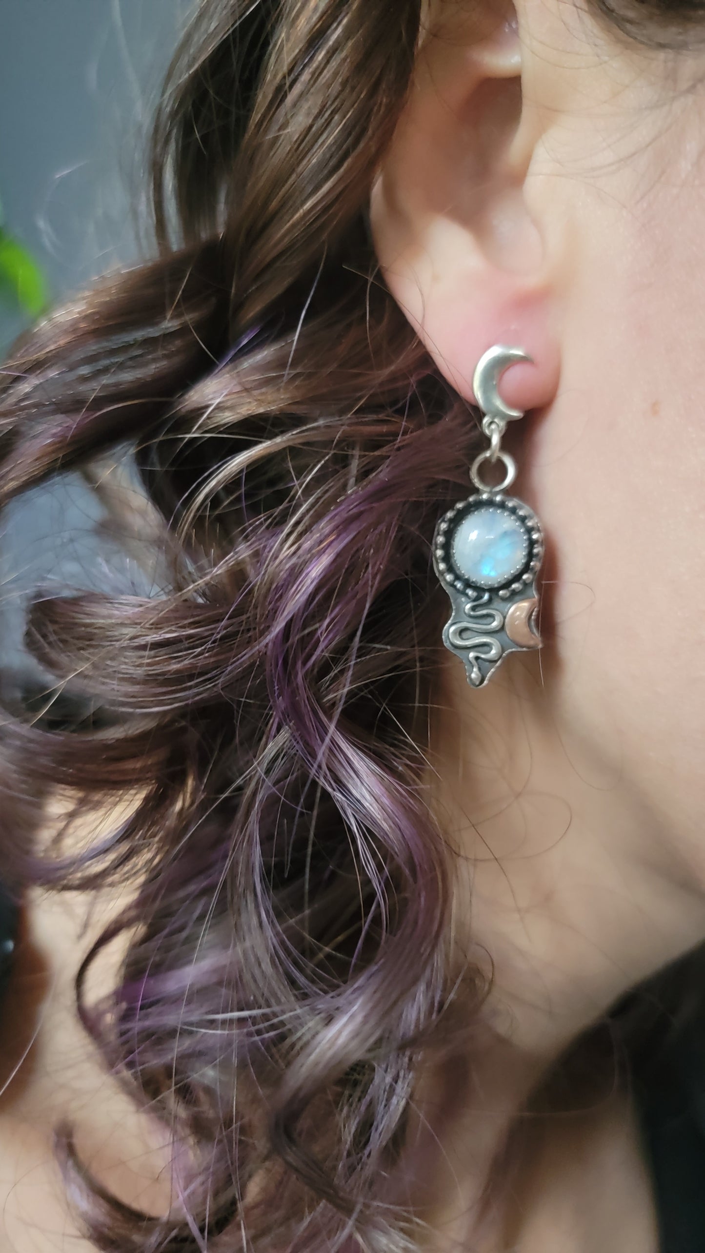 Sterling silver Crescent moon and snake moonstone earrings