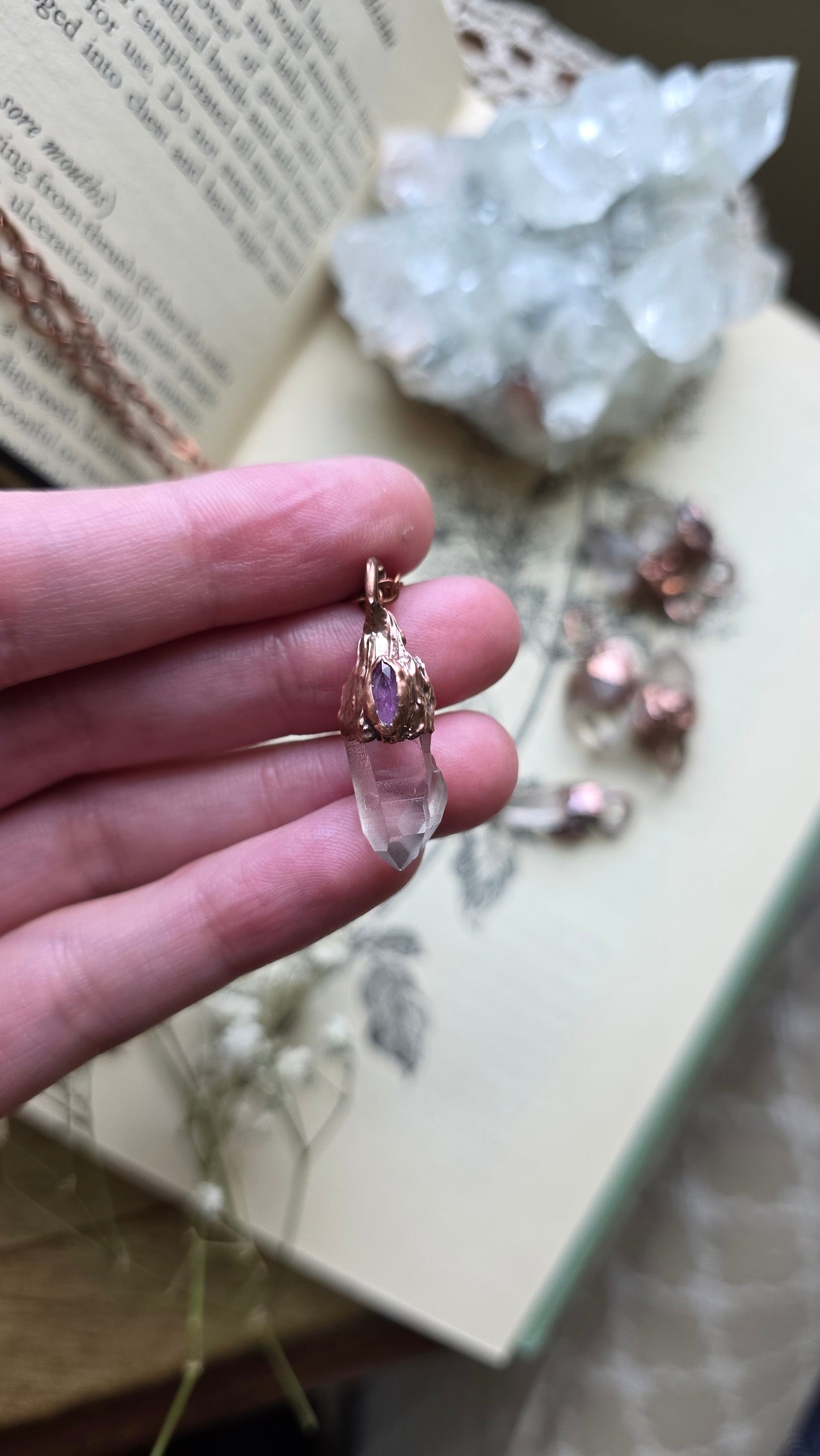 Quartz with Pink Sapphire Copper Necklace