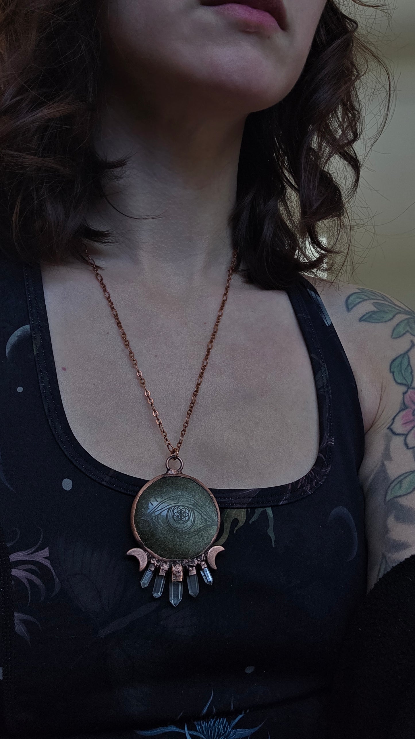 Gold sheen obsidian eye engraved copper pendant with quartz