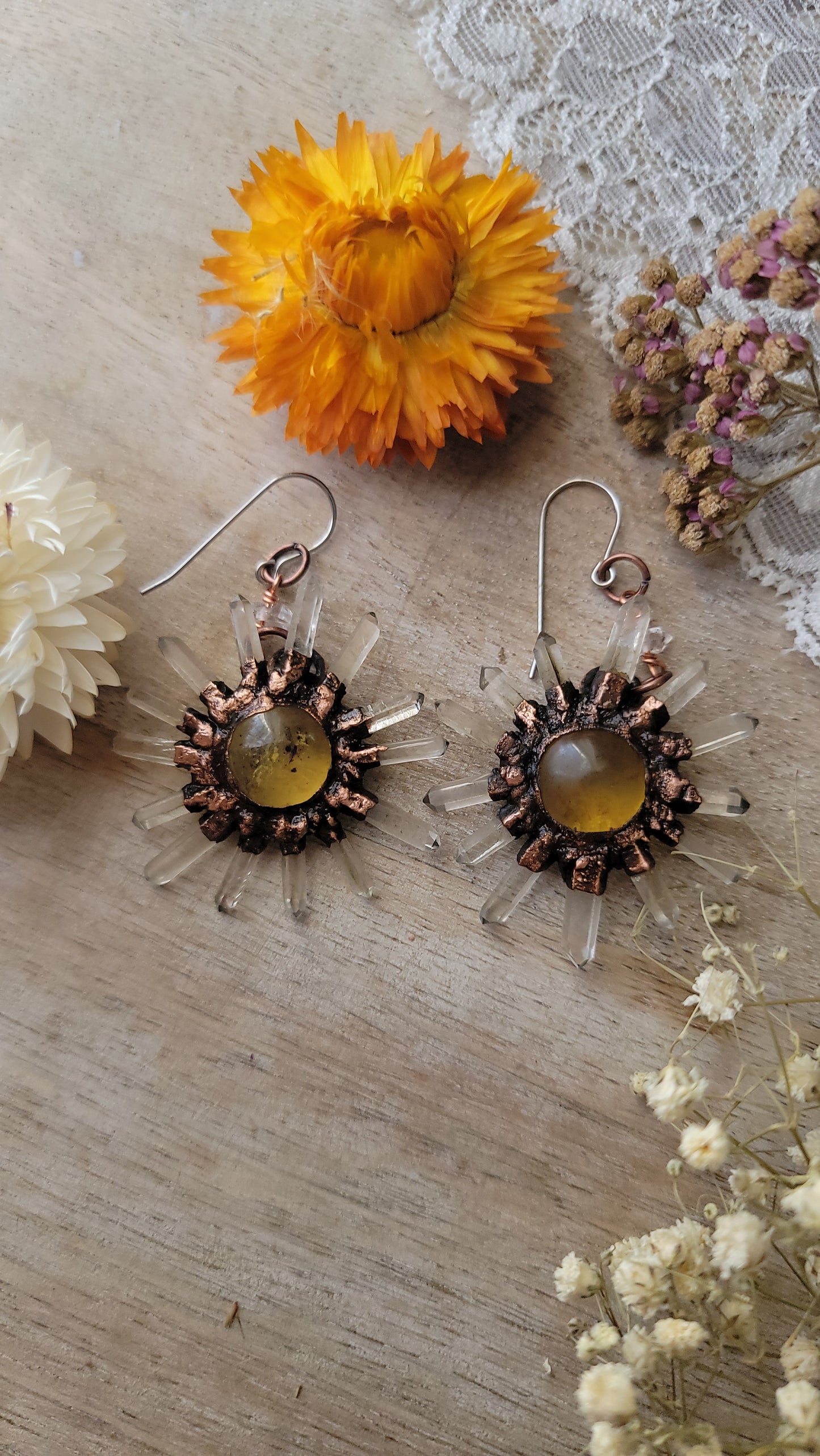 Prototype*** amber sun and herkimer copper earrings