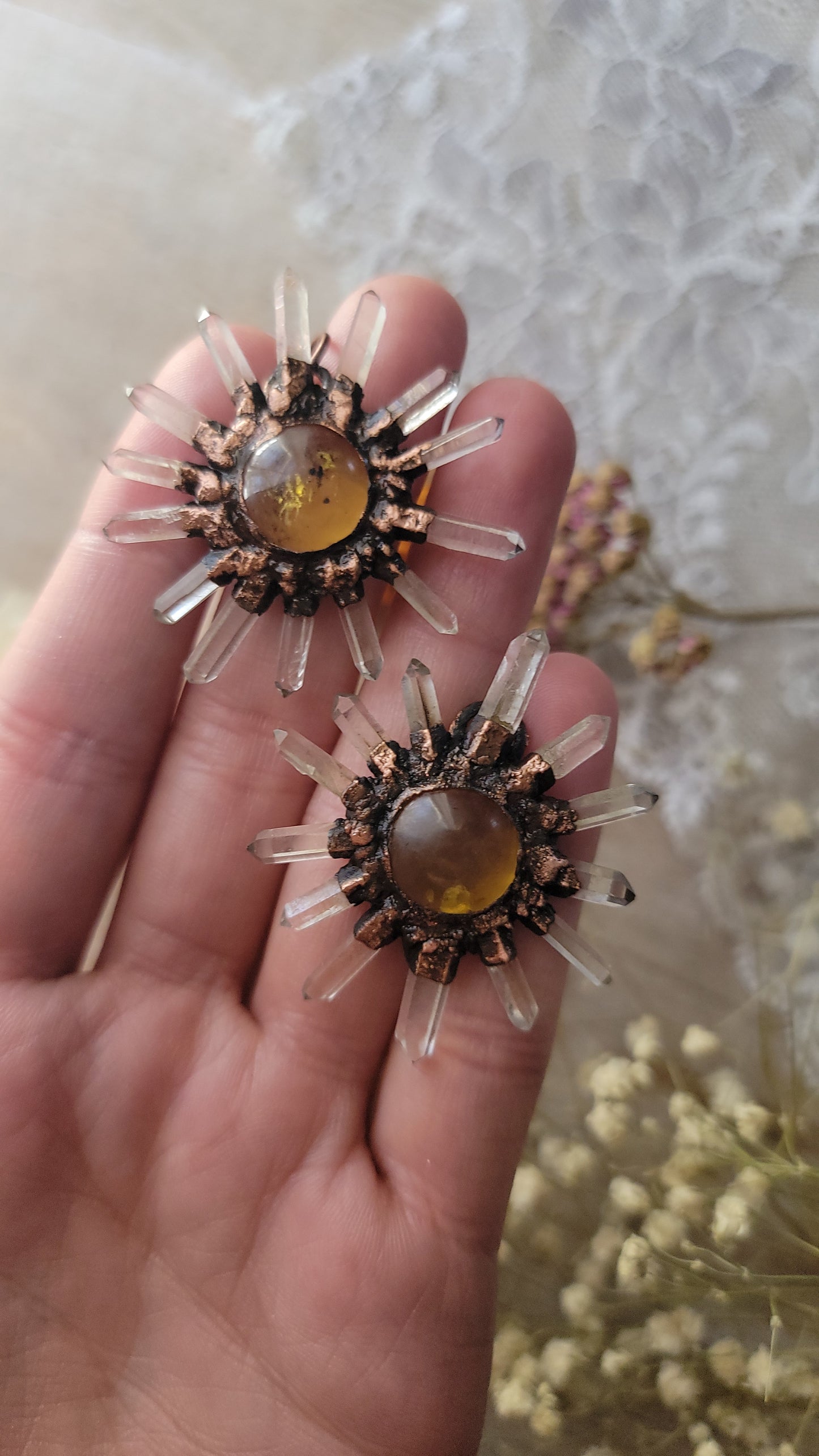 Prototype*** amber sun and herkimer copper earrings