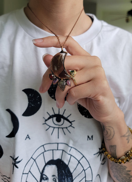 Smokey Quartz Copper Moon Necklace with Amethyst, Garnet, and Tourmalinated Quartz