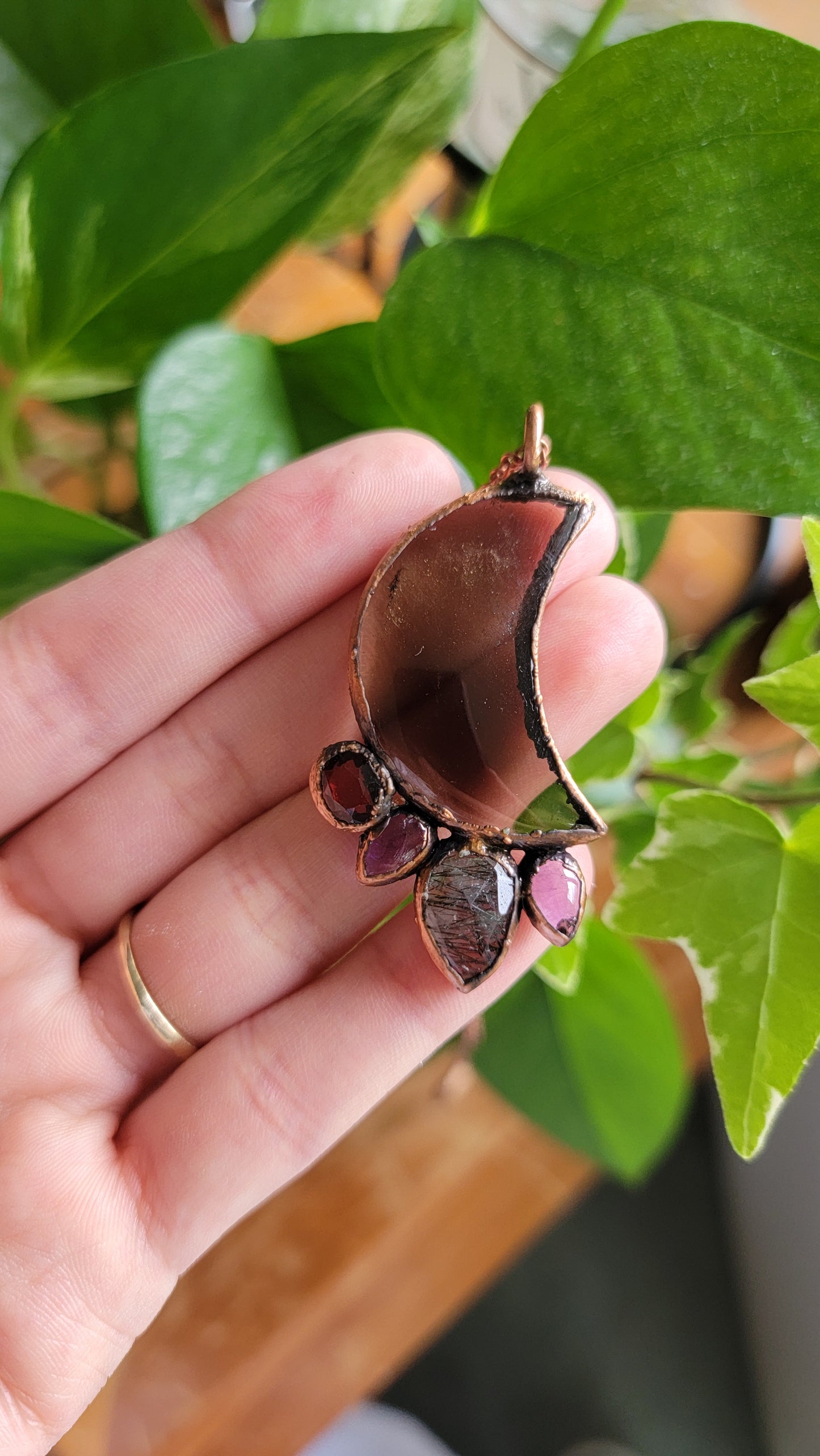 Smokey Quartz Copper Moon Necklace with Amethyst, Garnet, and Tourmalinated Quartz