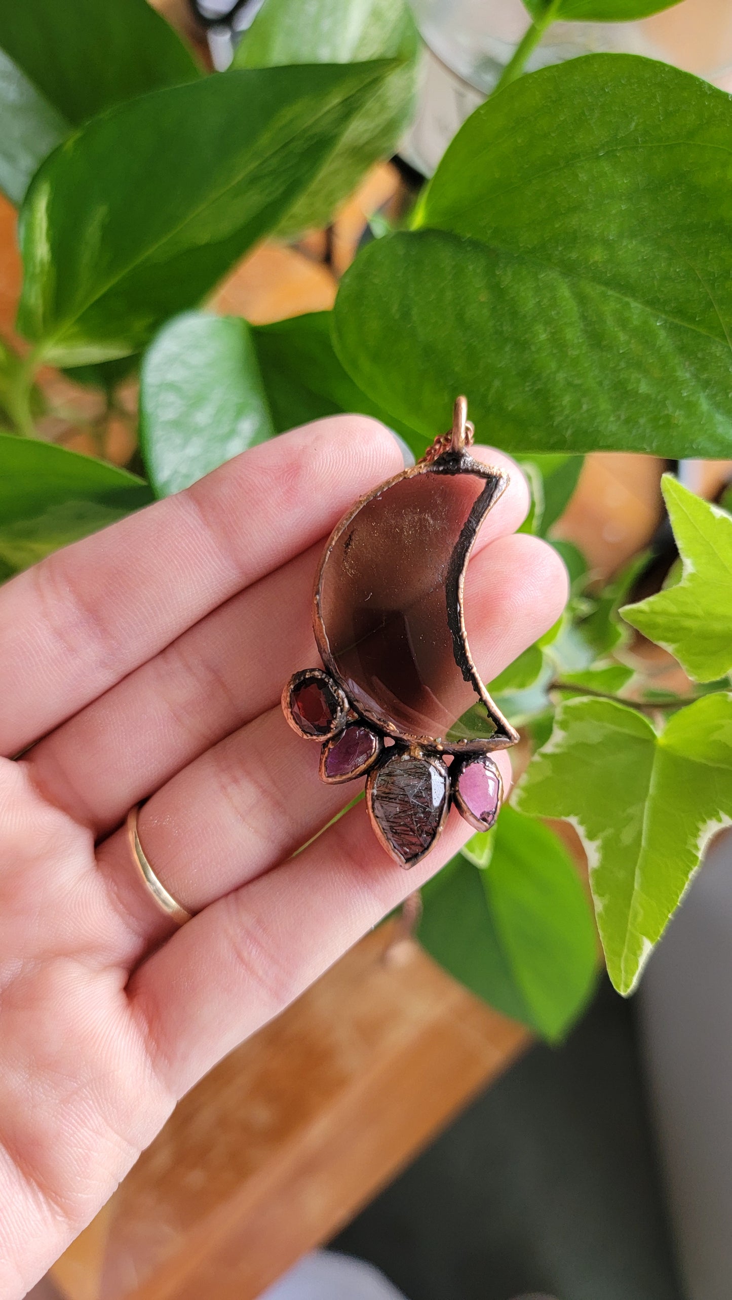 Smokey Quartz Copper Moon Necklace with Amethyst, Garnet, and Tourmalinated Quartz