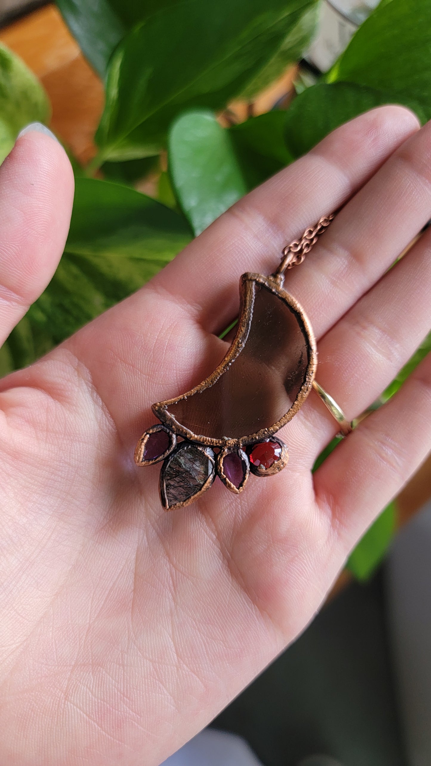 Smokey Quartz Copper Moon Necklace with Amethyst, Garnet, and Tourmalinated Quartz