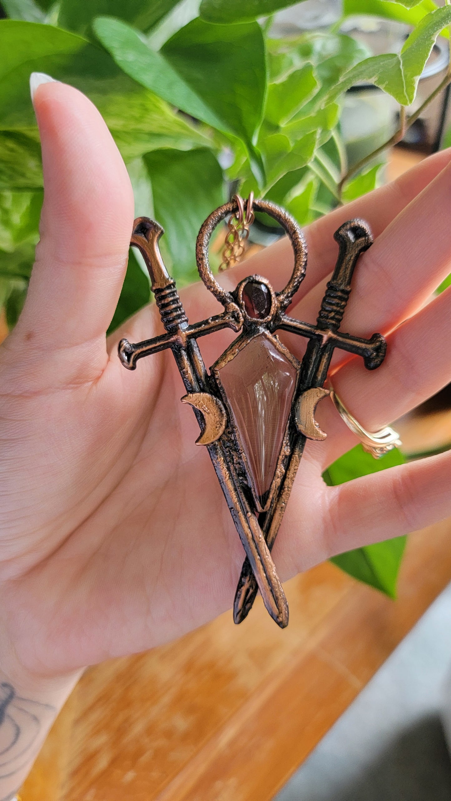 Two of Swords Smokey Quartz and Garnet Copper Necklace