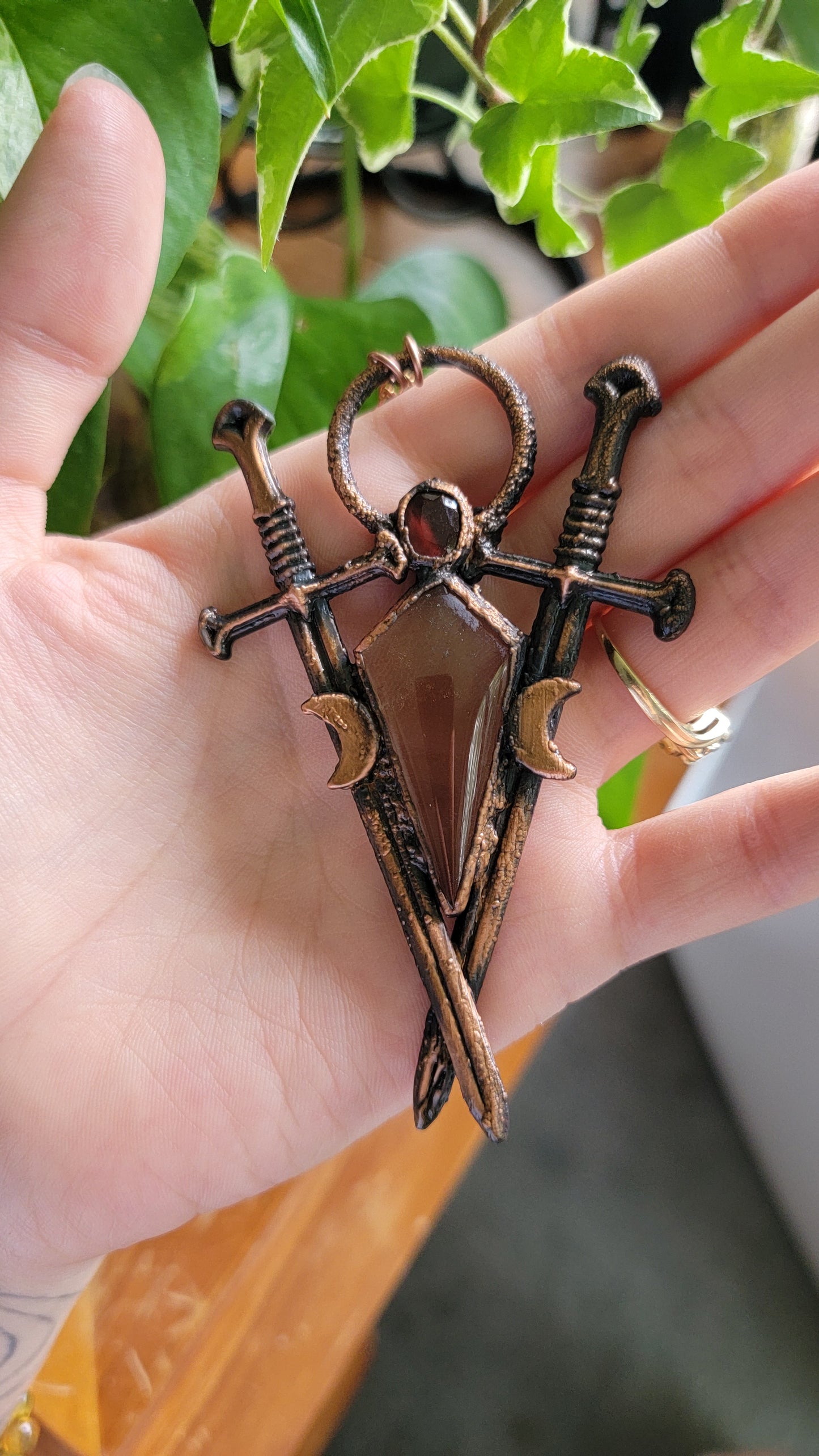 Two of Swords Smokey Quartz and Garnet Copper Necklace