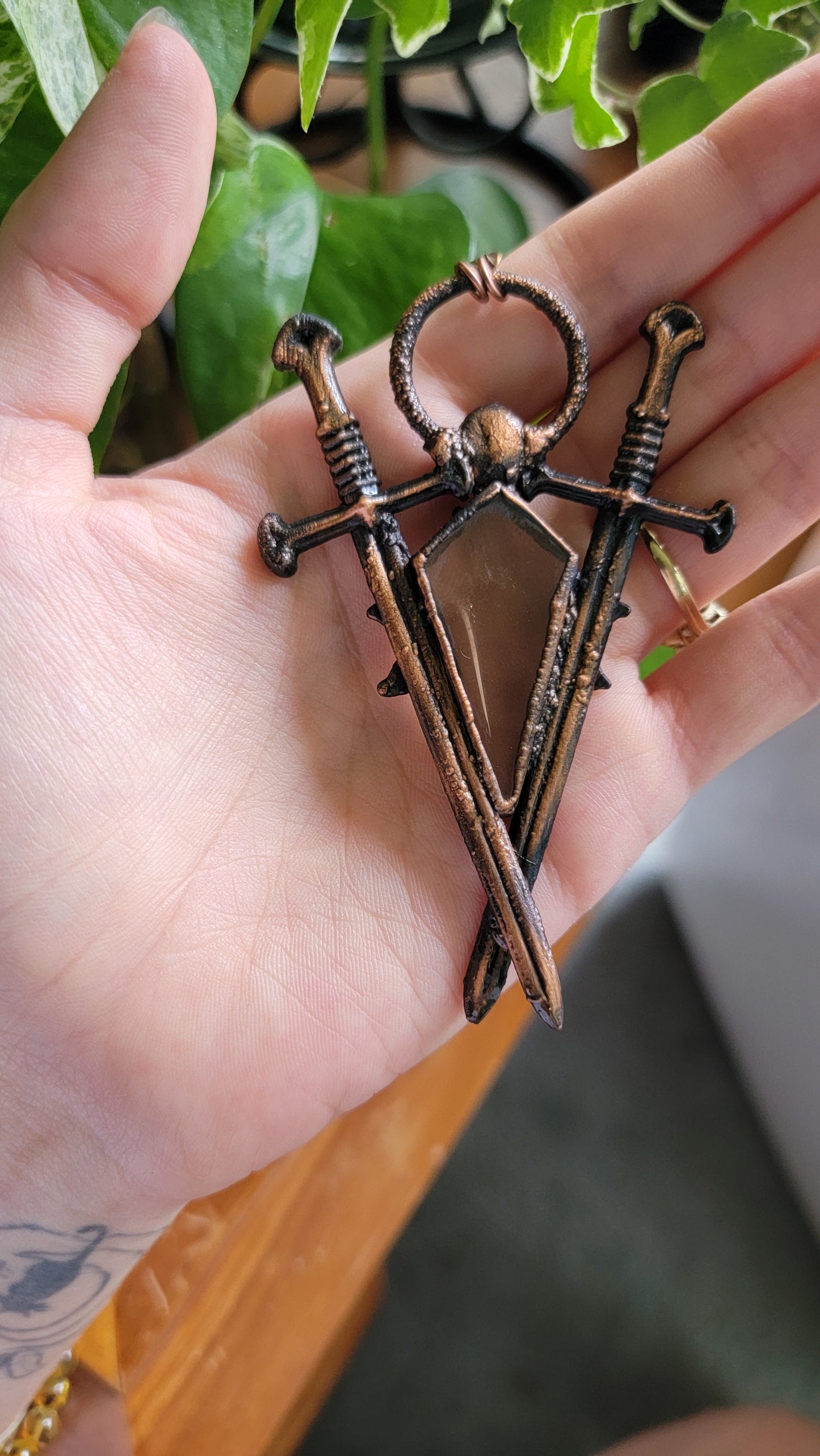 Two of Swords Smokey Quartz and Garnet Copper Necklace