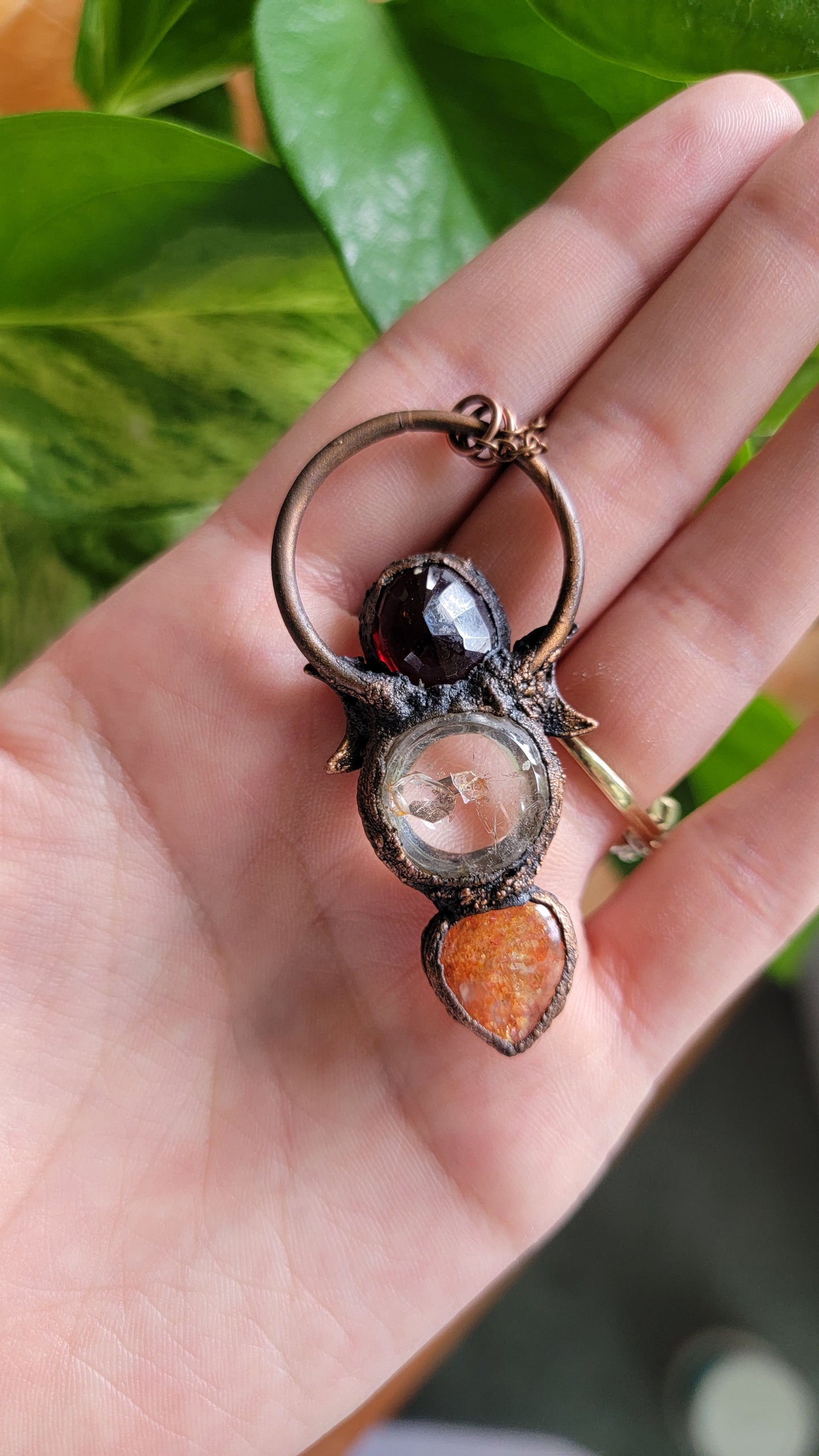 Manifestation Quartz with Sunstone and Garnet Copper Necklace