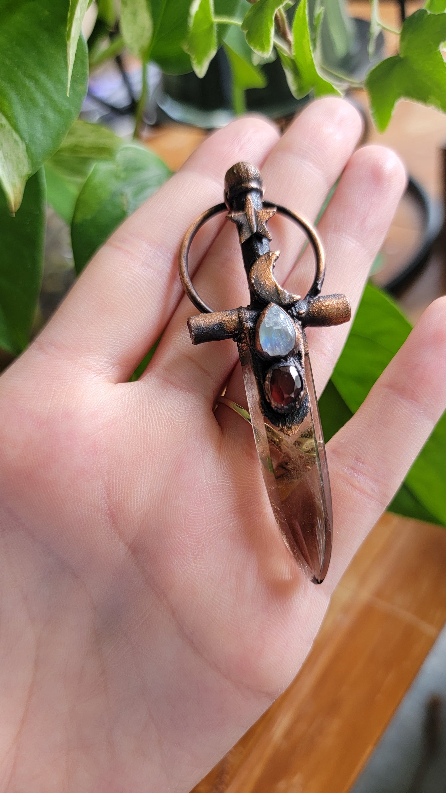 Celestial Warrior Smokey Quaryz with Garnet and Moonstone Sword Pendant