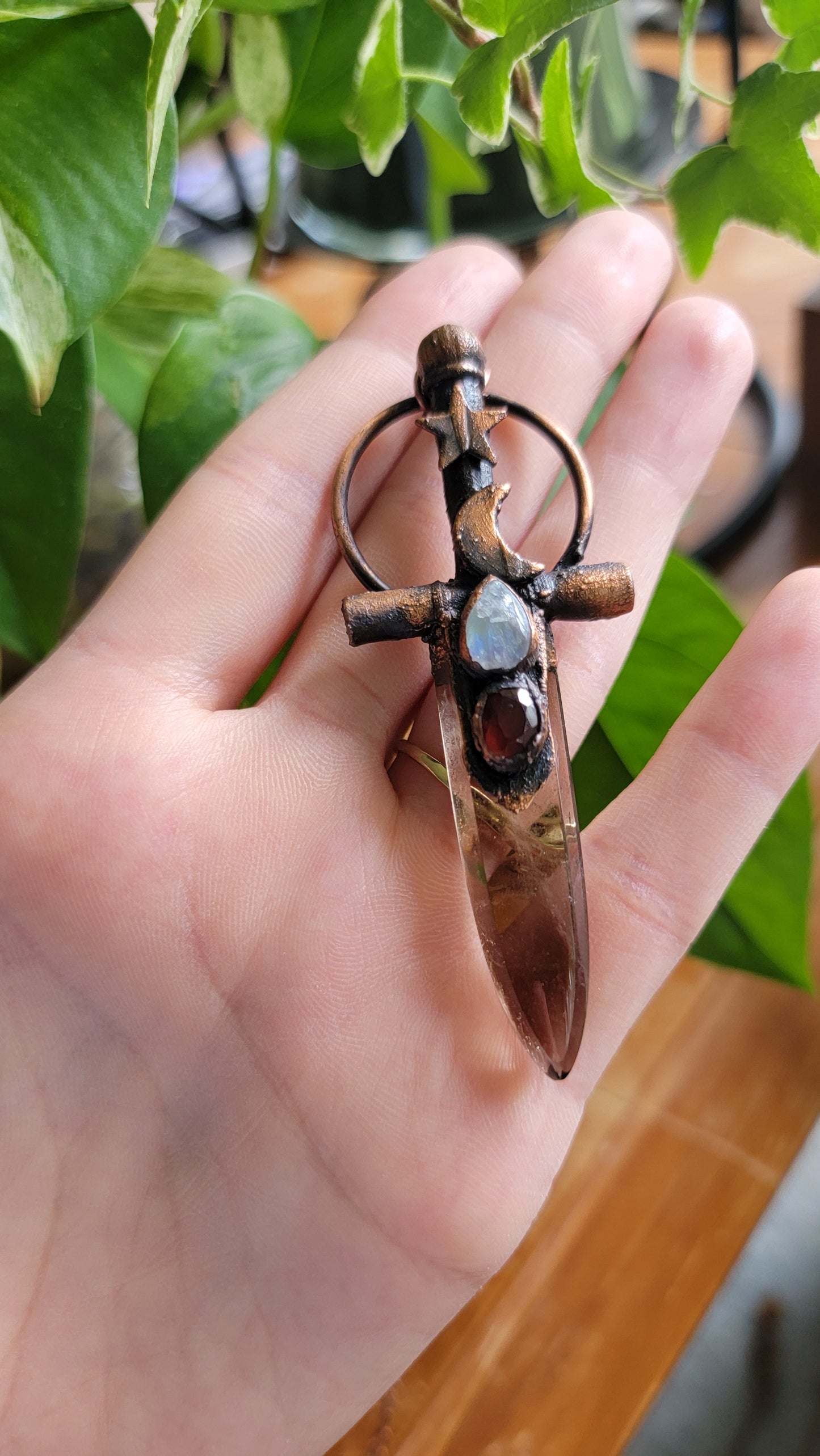 Celestial Warrior Smokey Quaryz with Garnet and Moonstone Sword Pendant