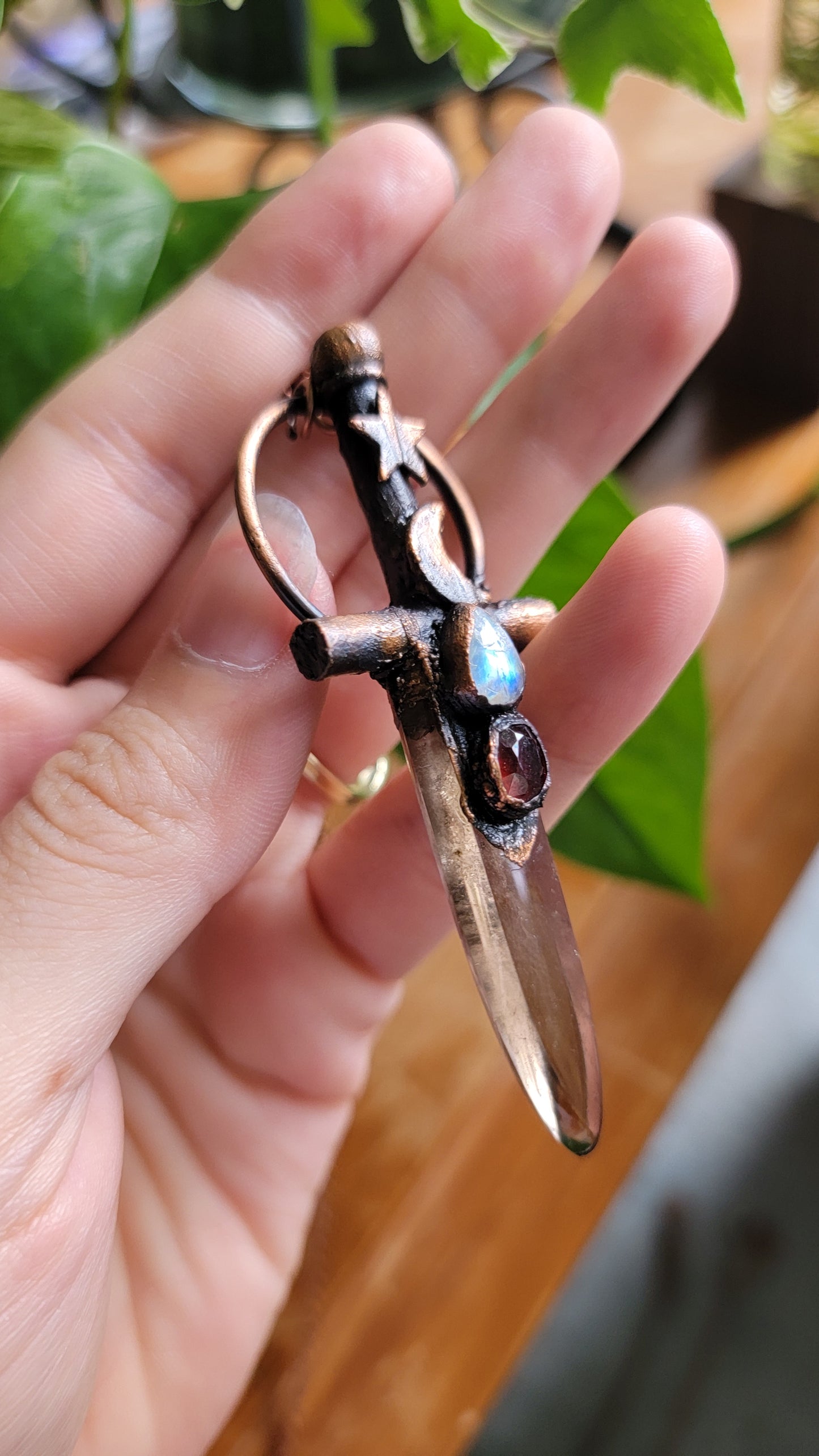 Celestial Warrior Smokey Quaryz with Garnet and Moonstone Sword Pendant