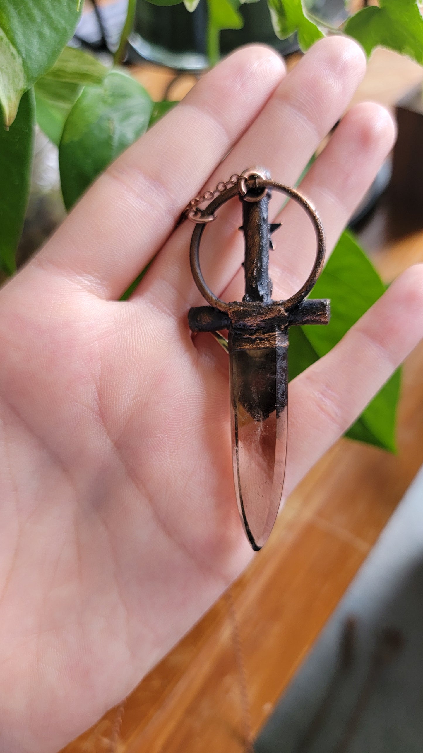 Celestial Warrior Smokey Quaryz with Garnet and Moonstone Sword Pendant