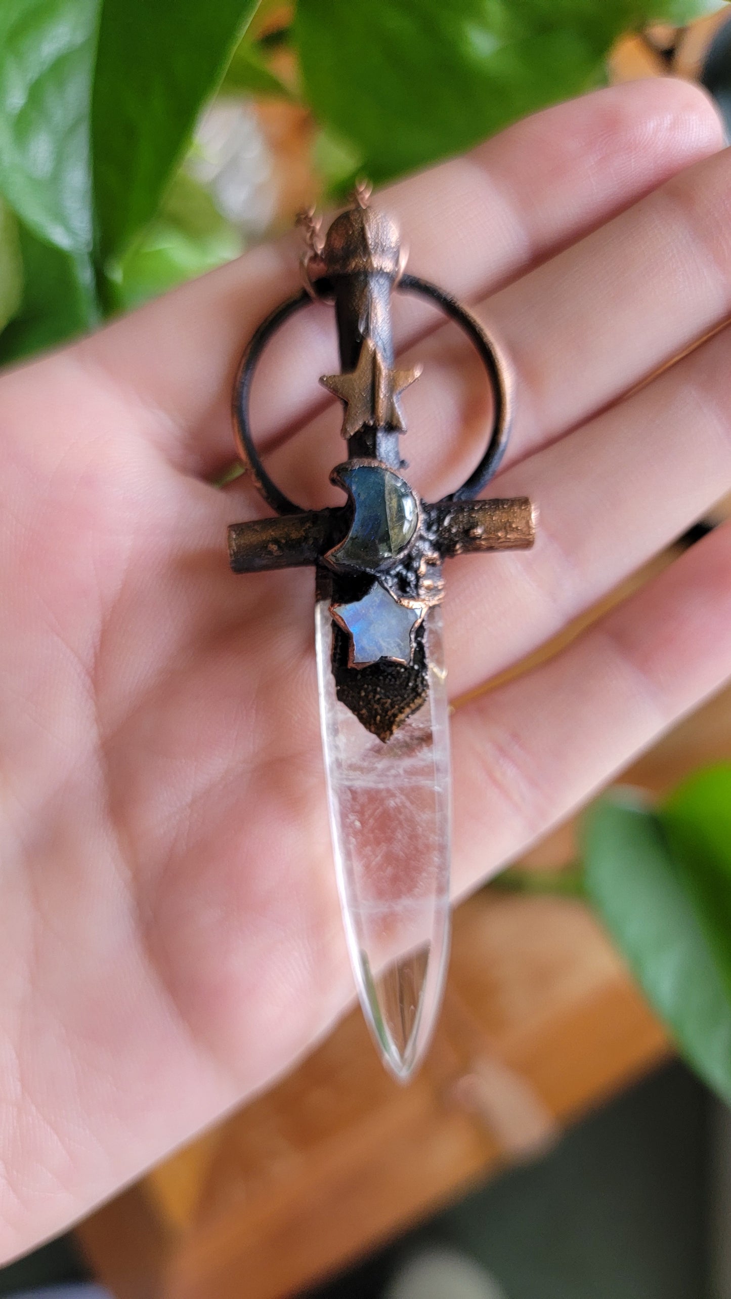 Celestial Warrior Copper Pendant: Quartz with Moonstone and Labradorite