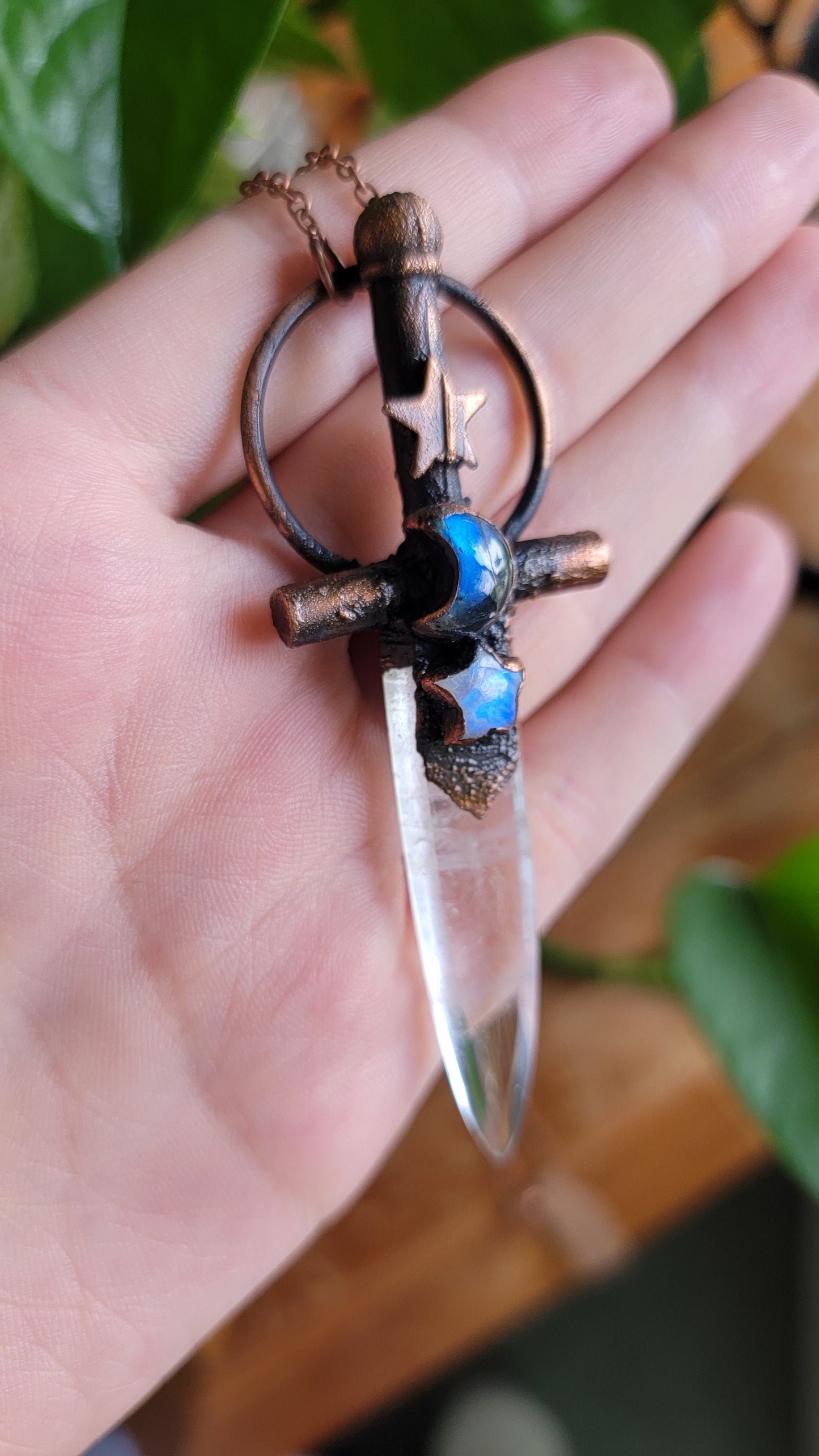 Celestial Warrior Copper Pendant: Quartz with Moonstone and Labradorite