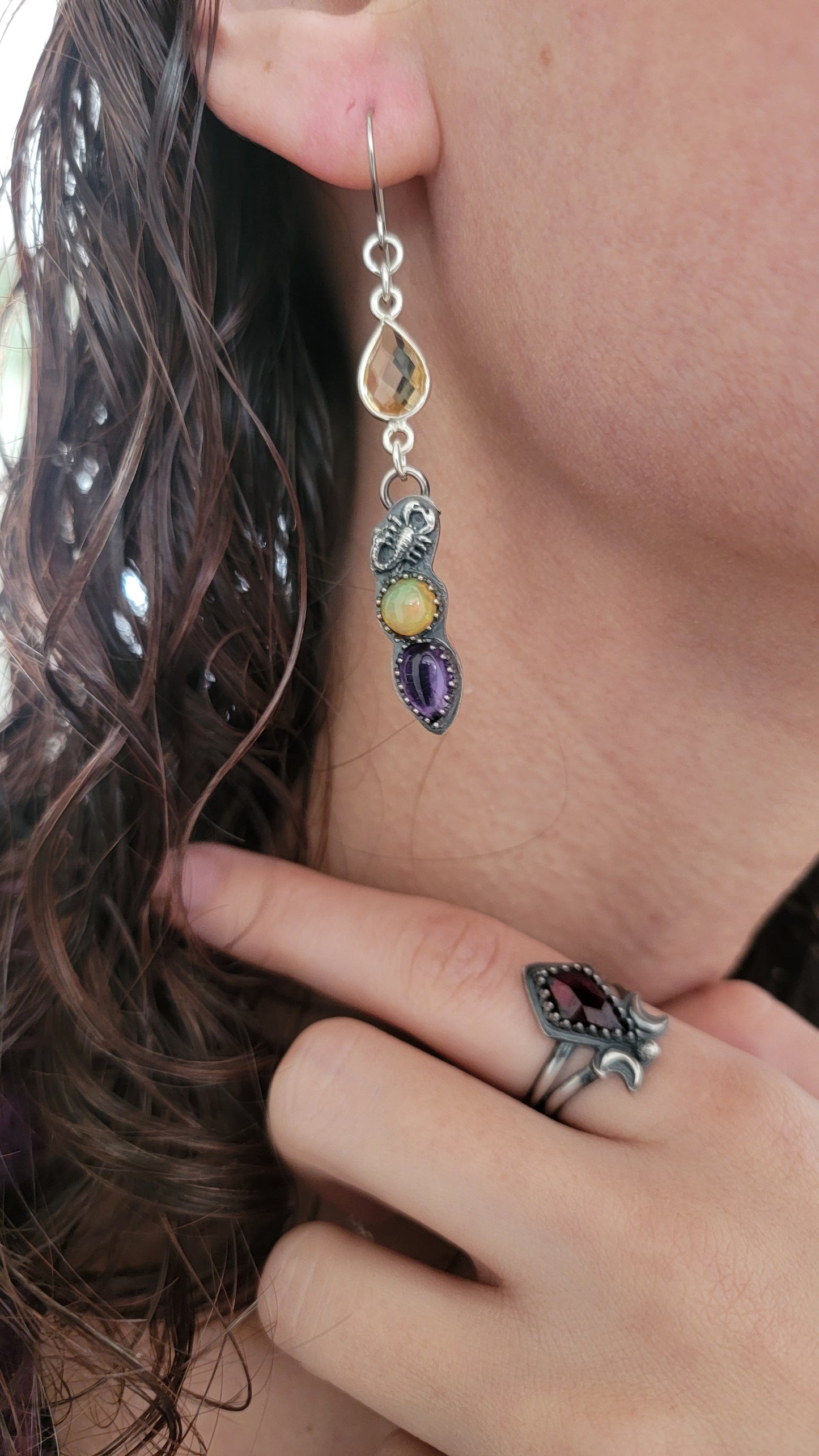 Scorpion amethyst and opal sterling silver earrings