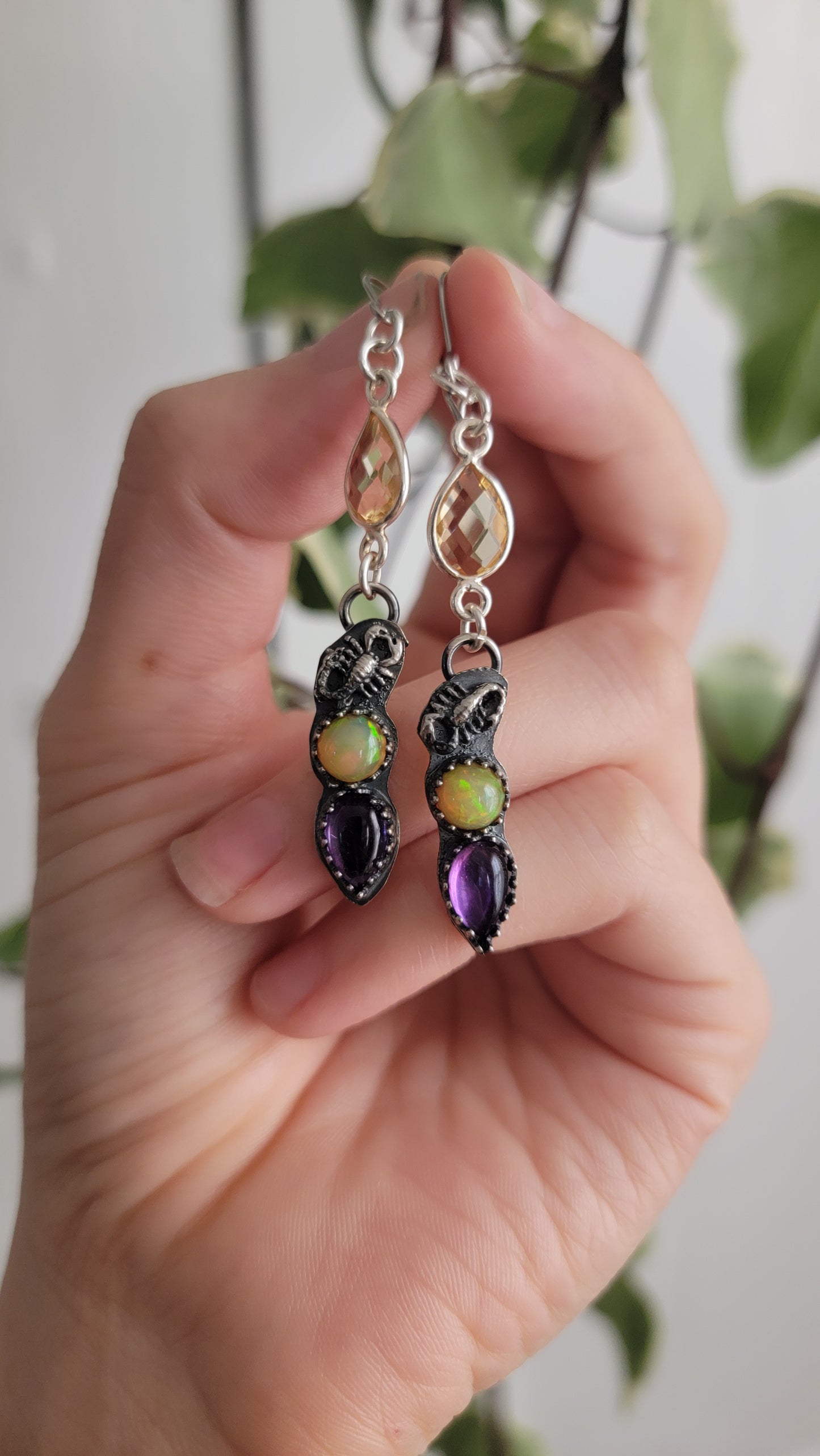 Scorpion amethyst and opal sterling silver earrings