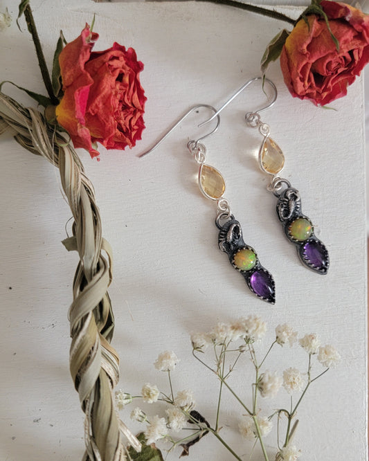 Scorpion amethyst and opal sterling silver earrings