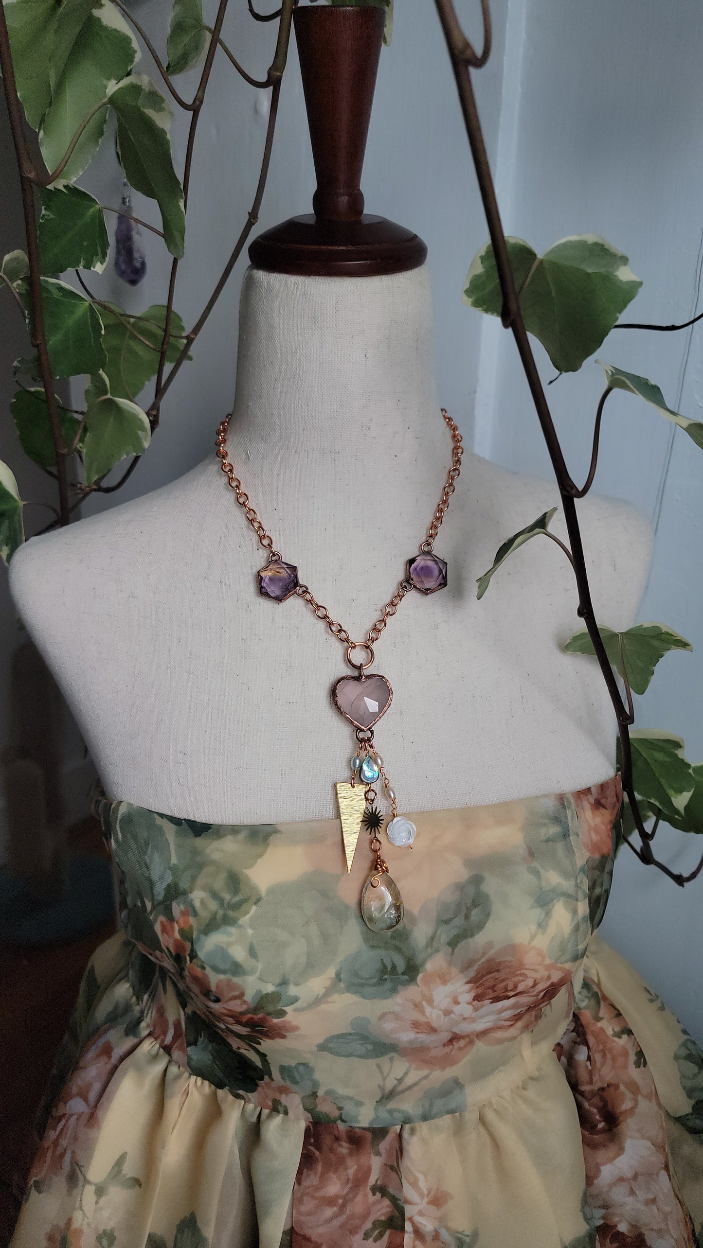 Venus Grunge: Rose Quartz Chunky Copper Necklace with Rutile and Ametrine