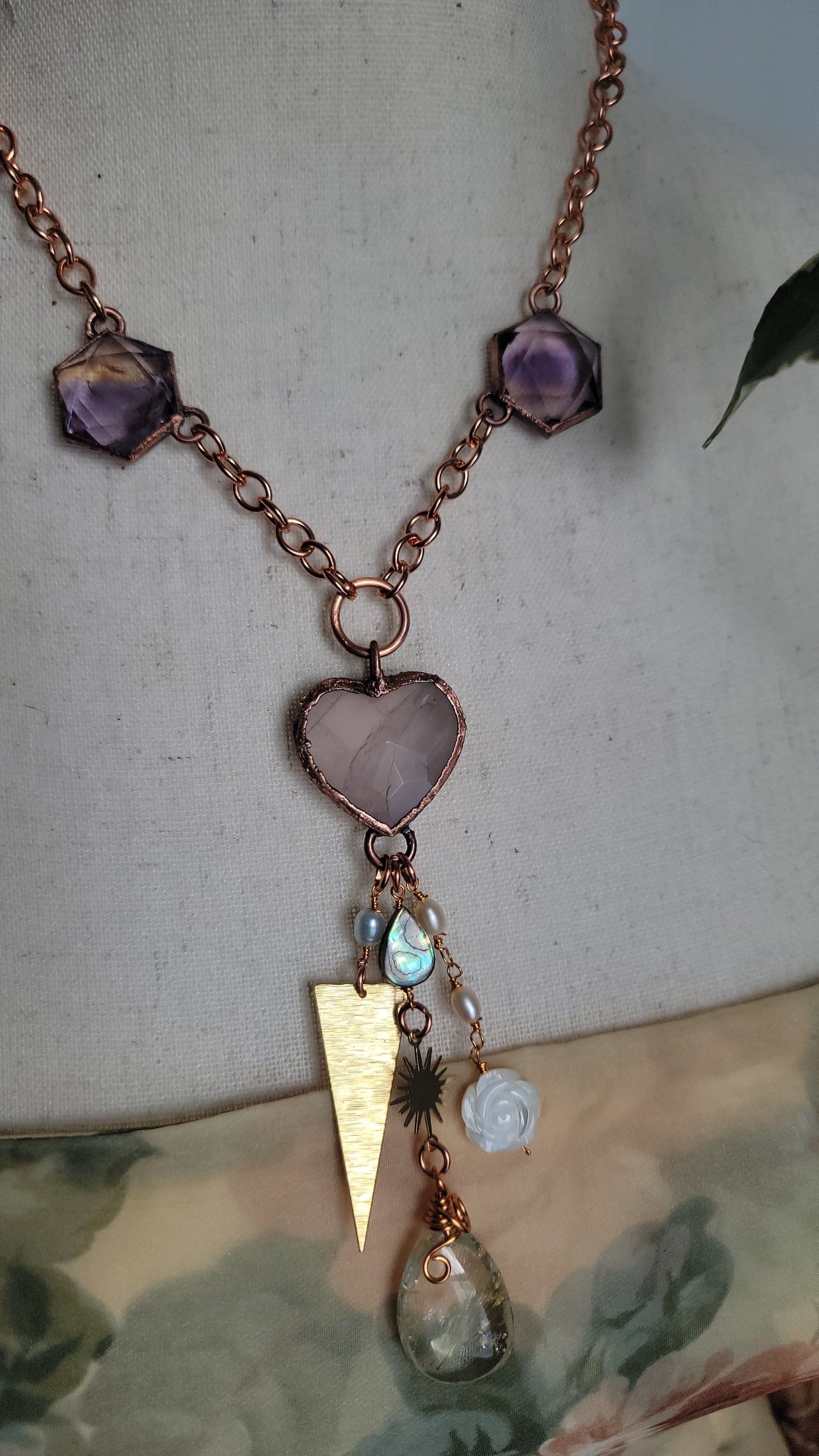 Venus Grunge: Rose Quartz Chunky Copper Necklace with Rutile and Ametrine