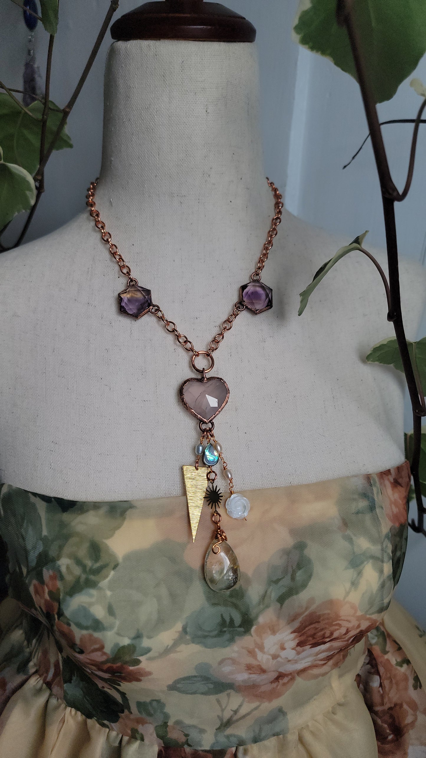 Venus Grunge: Rose Quartz Chunky Copper Necklace with Rutile and Ametrine