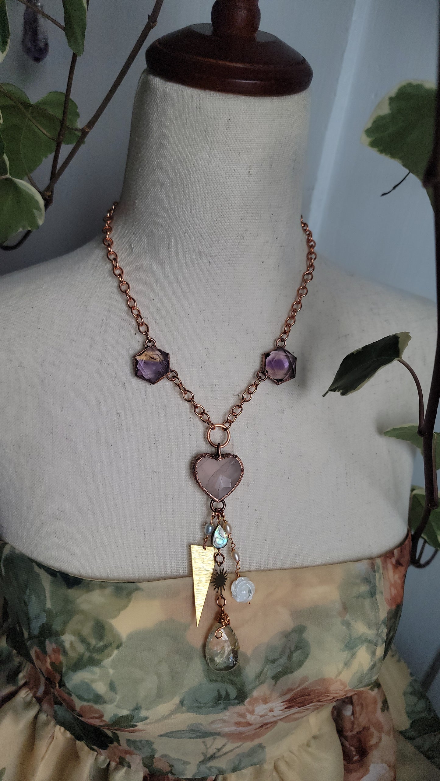 Venus Grunge: Rose Quartz Chunky Copper Necklace with Rutile and Ametrine