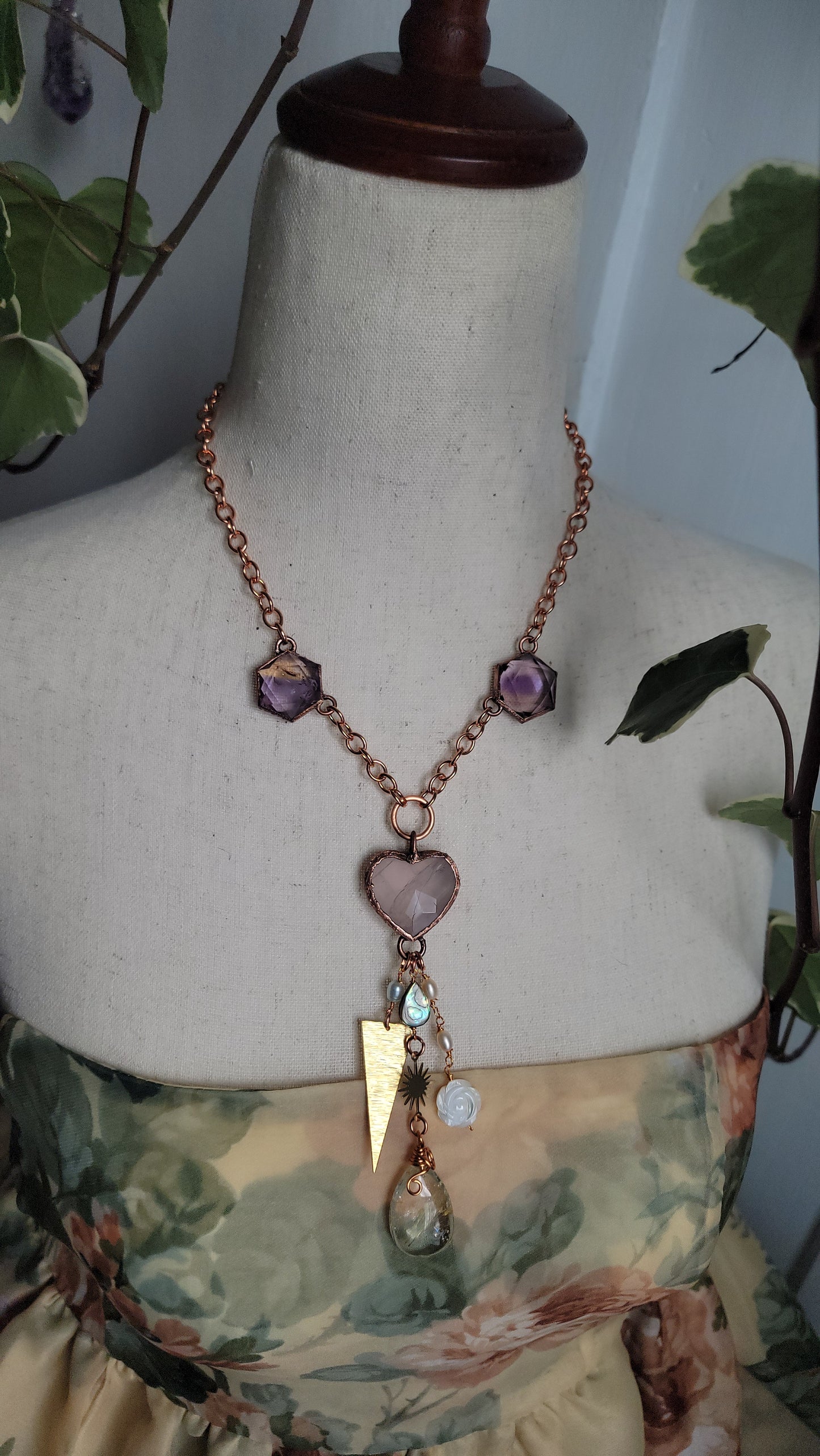 Venus Grunge: Rose Quartz Chunky Copper Necklace with Rutile and Ametrine