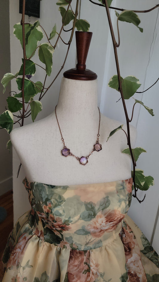 Venus Grunge: Triple Ametrine Hexagon Copper Necklace with Herkimers No1