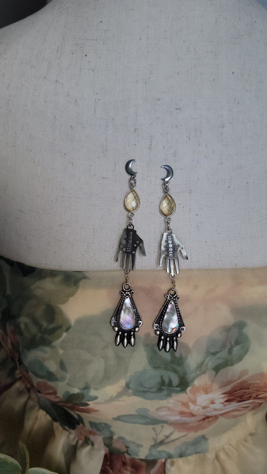 Venus Grunge:  Sterling Silver Palmistry Earrings with Citrine and Abalone