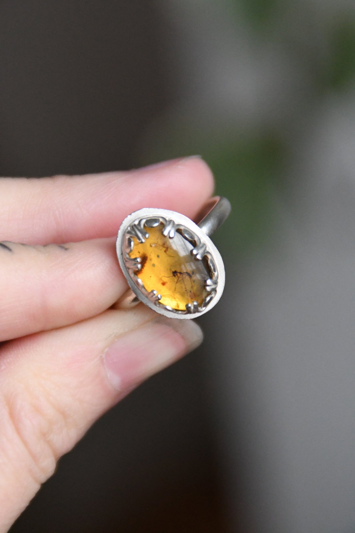 Real Insect in Amber Sterling Silver Ring Size 11