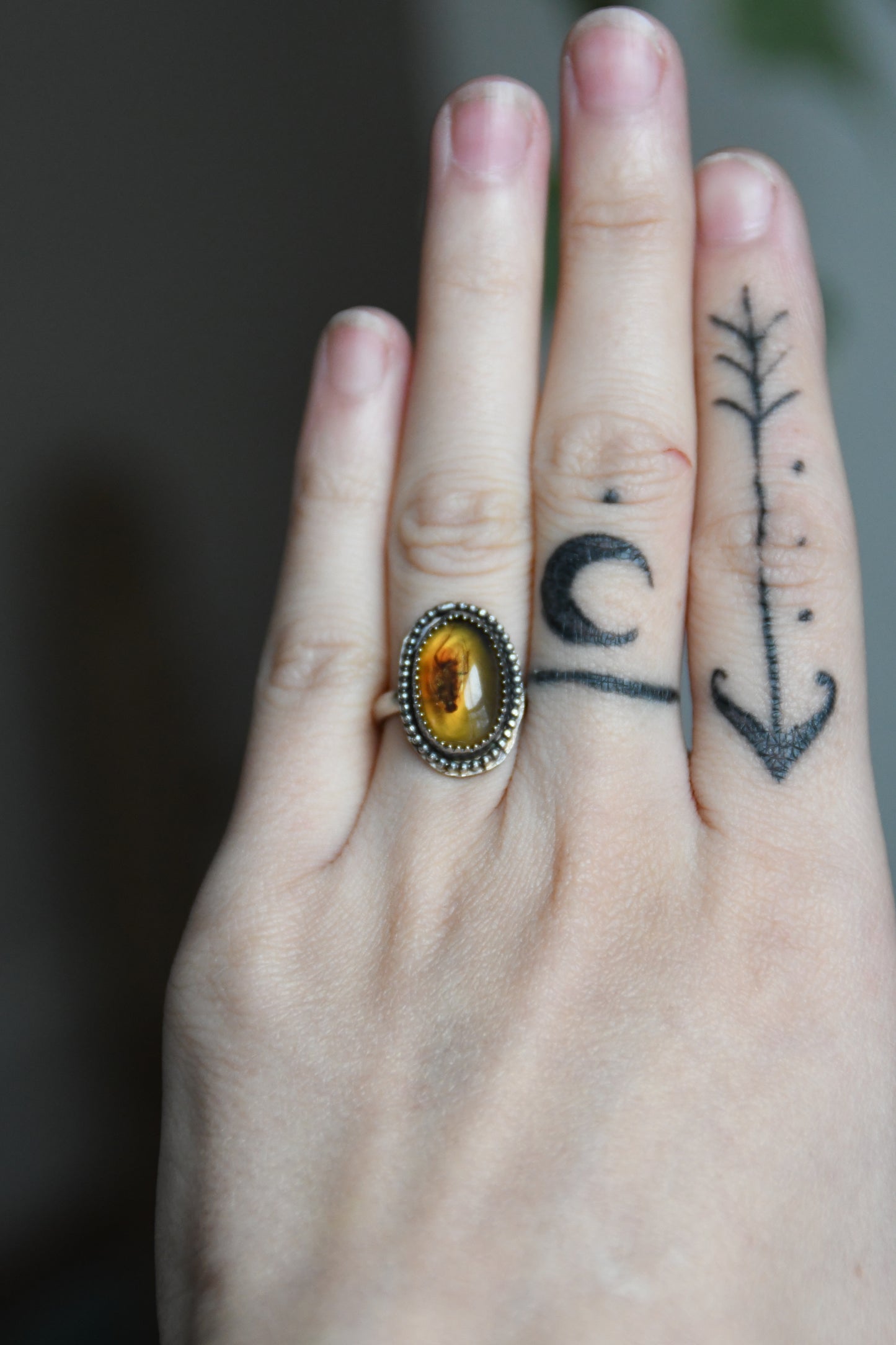 Real Insect in Amber Sterling Silver Ring Size 5 US