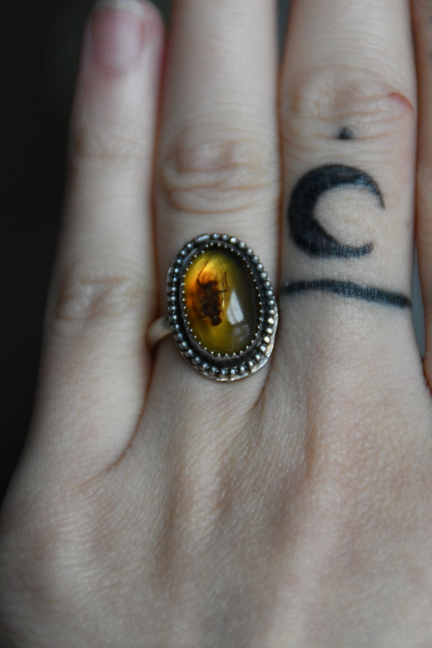 Real Insect in Amber Sterling Silver Ring Size 5 US