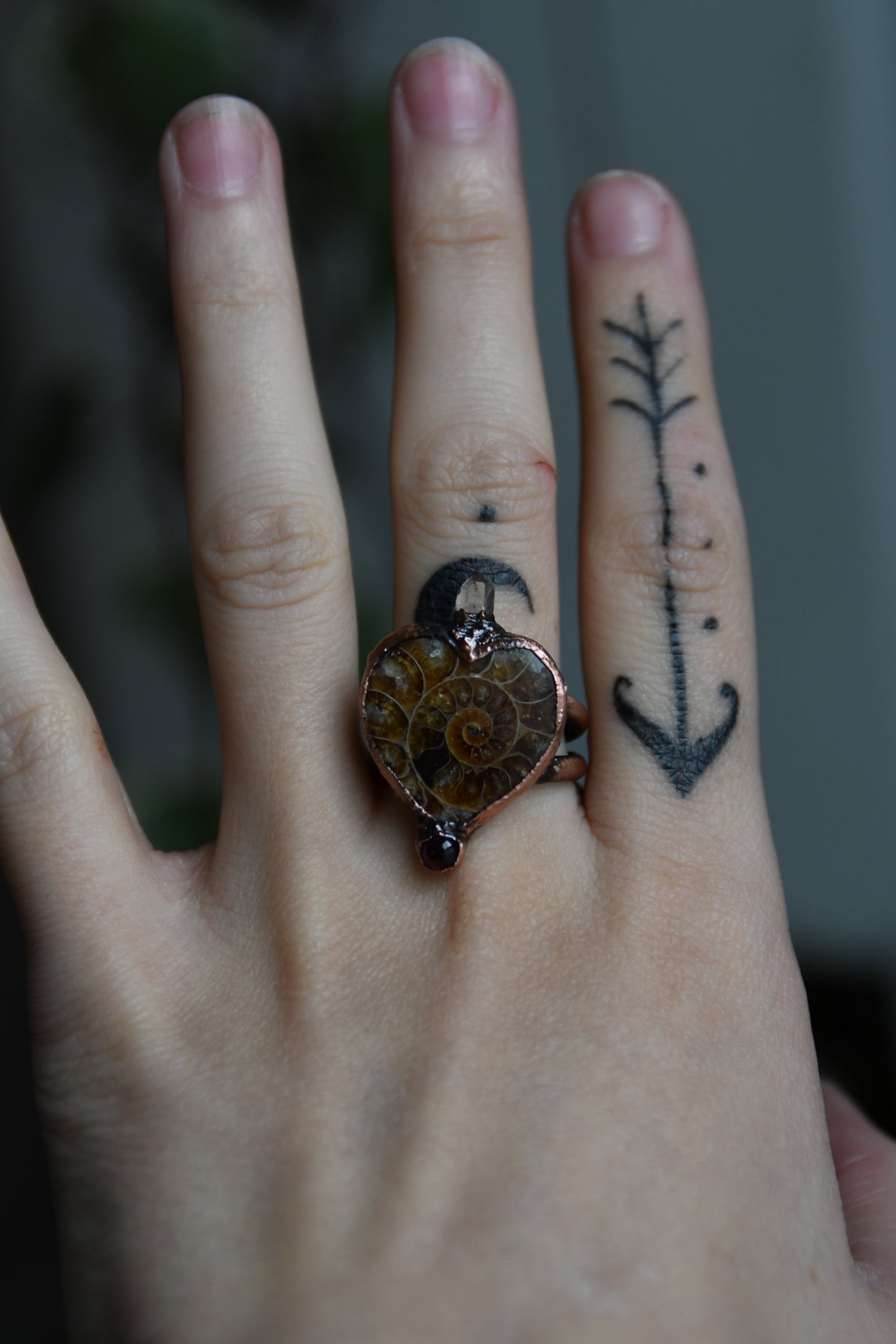 Ammonite Heart with Garnet and Herkimer Copper Ring Size 8 US