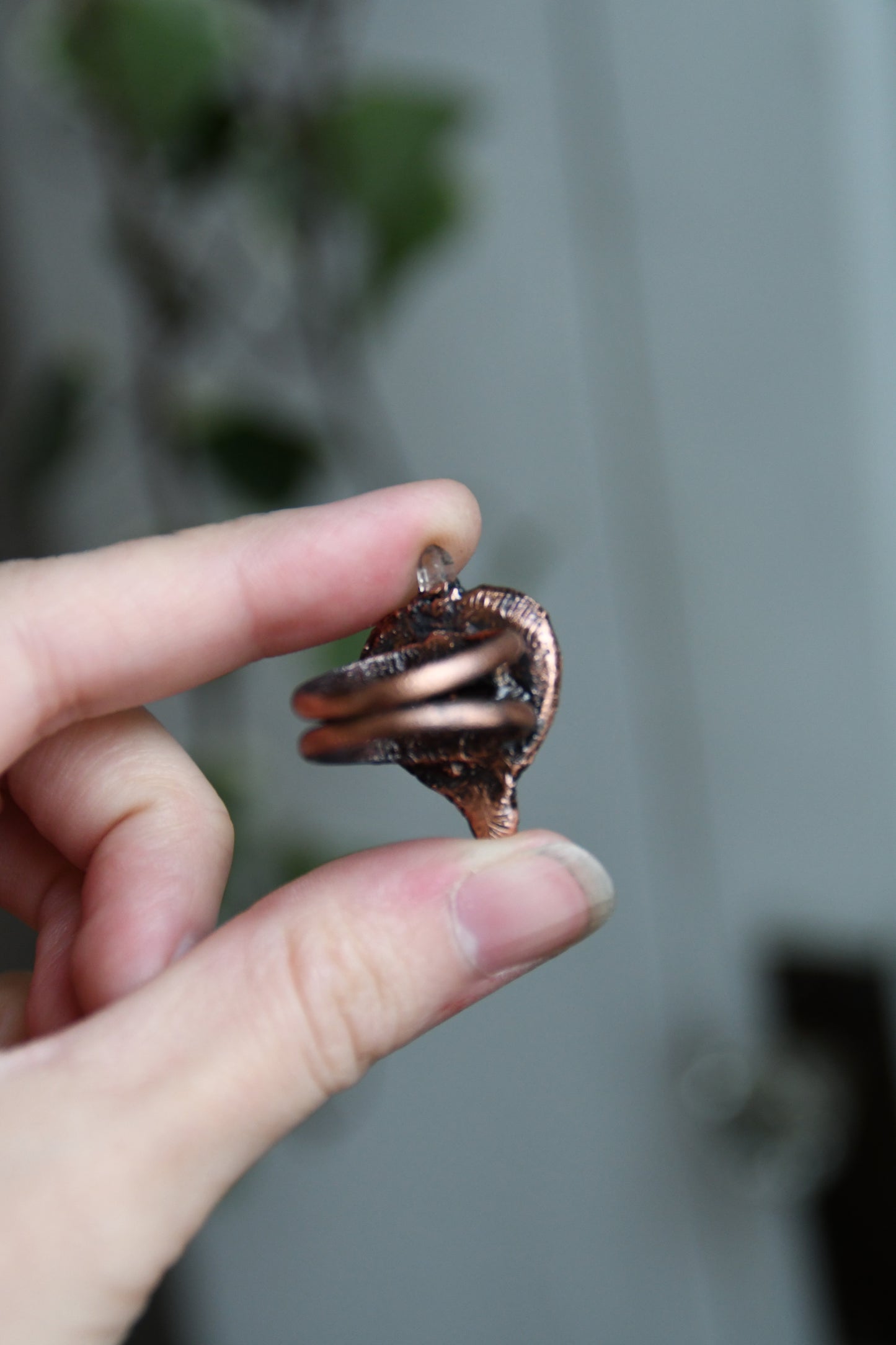 Ammonite Heart with Garnet and Herkimer Copper Ring Size 8 US