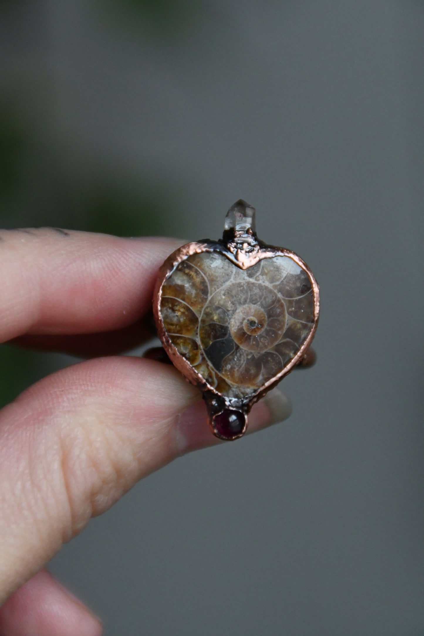 Ammonite Heart with Garnet and Herkimer Copper Ring Size 8 US