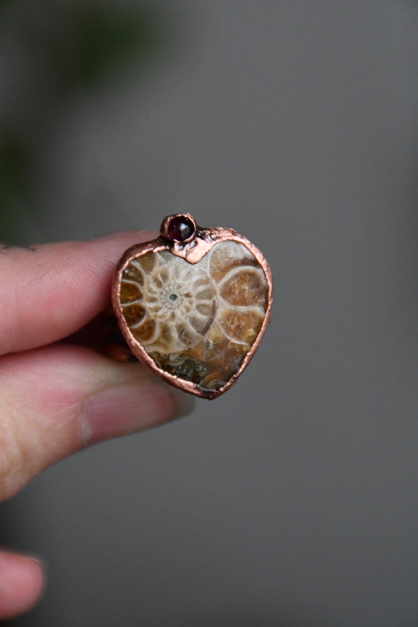 Ammonite Heart with Garnet Copper Ring Size 8 US