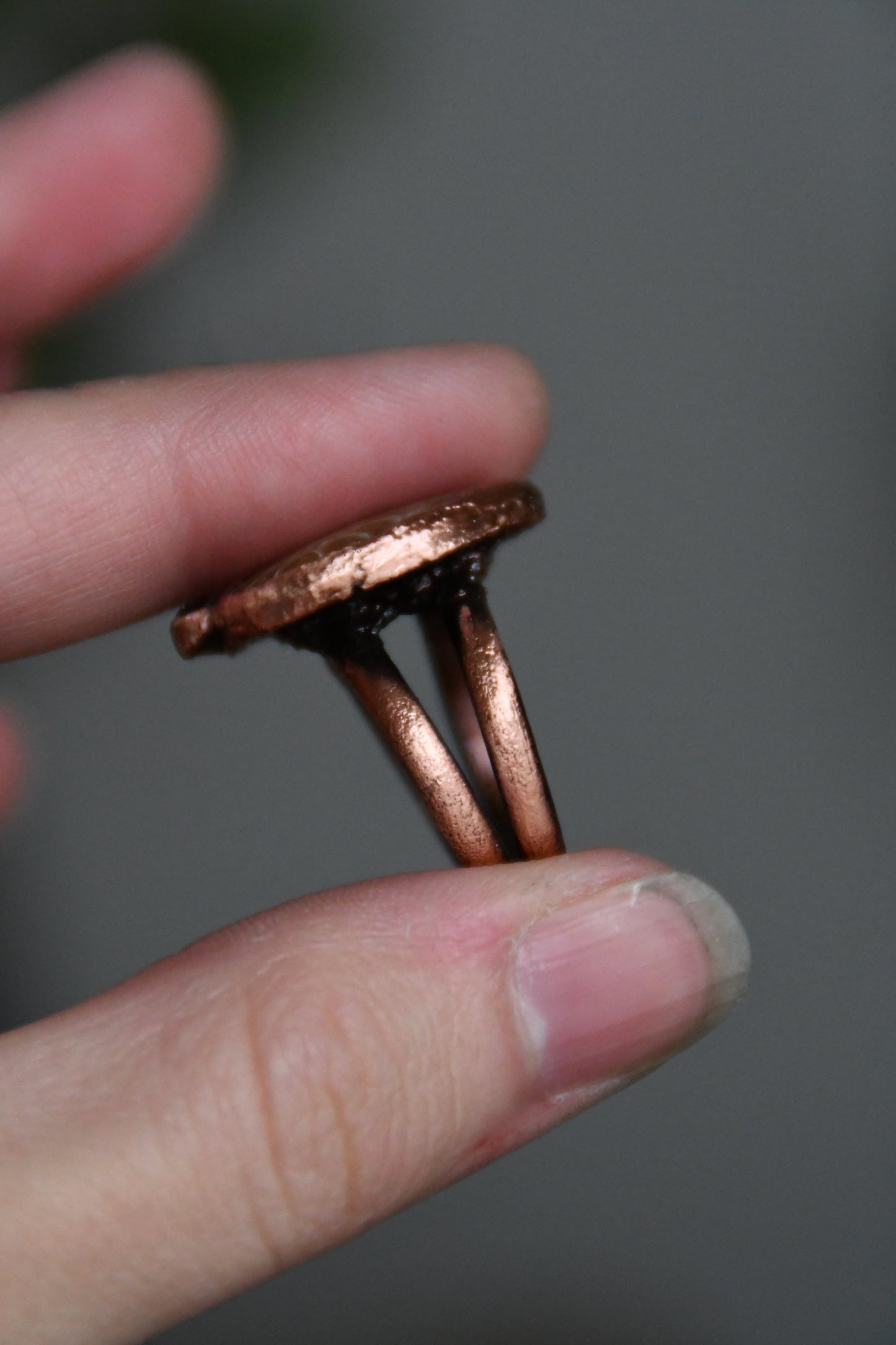 Ammonite Heart with Garnet Copper Ring Size 8 US