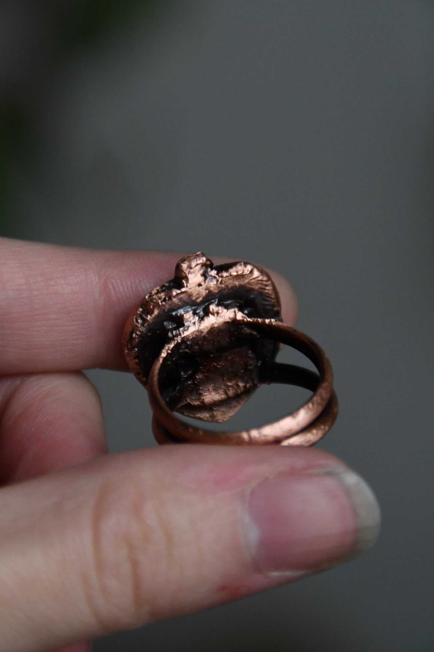 Ammonite Heart with Garnet Copper Ring Size 8 US