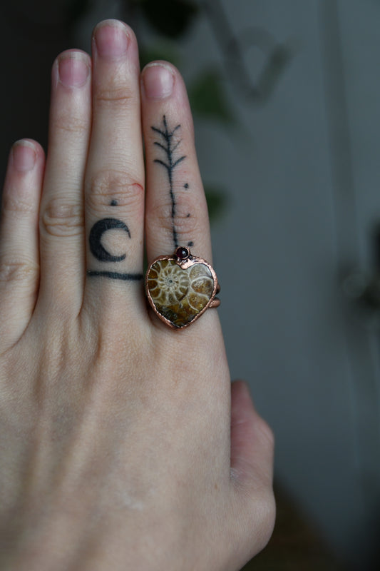 Ammonite Heart with Garnet Copper Ring Size 8 US