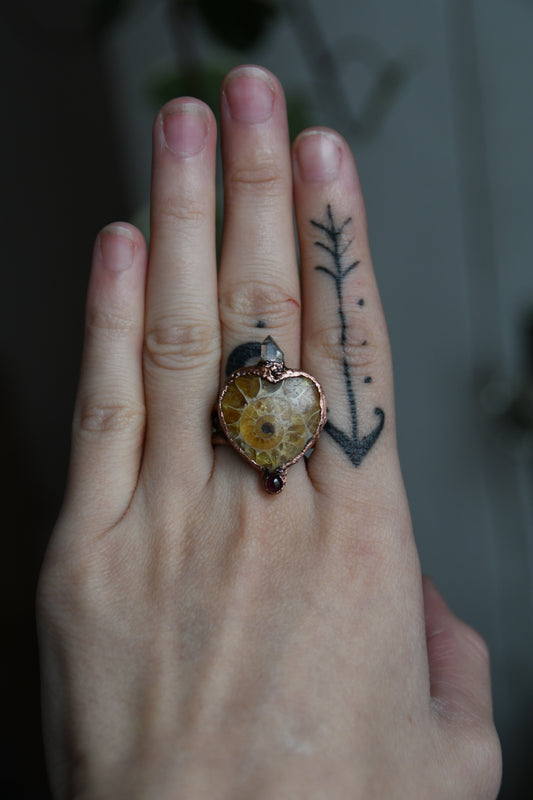 Ammonite Heart Ring with Garnet and Herkimer Size 9 1/2 US